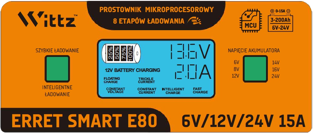 PROSTOWNIK SAMOCHODOWY ERRET SMART ŁADOWARKA AGM GEL 6V 12V 24V 15A Model SMART E80