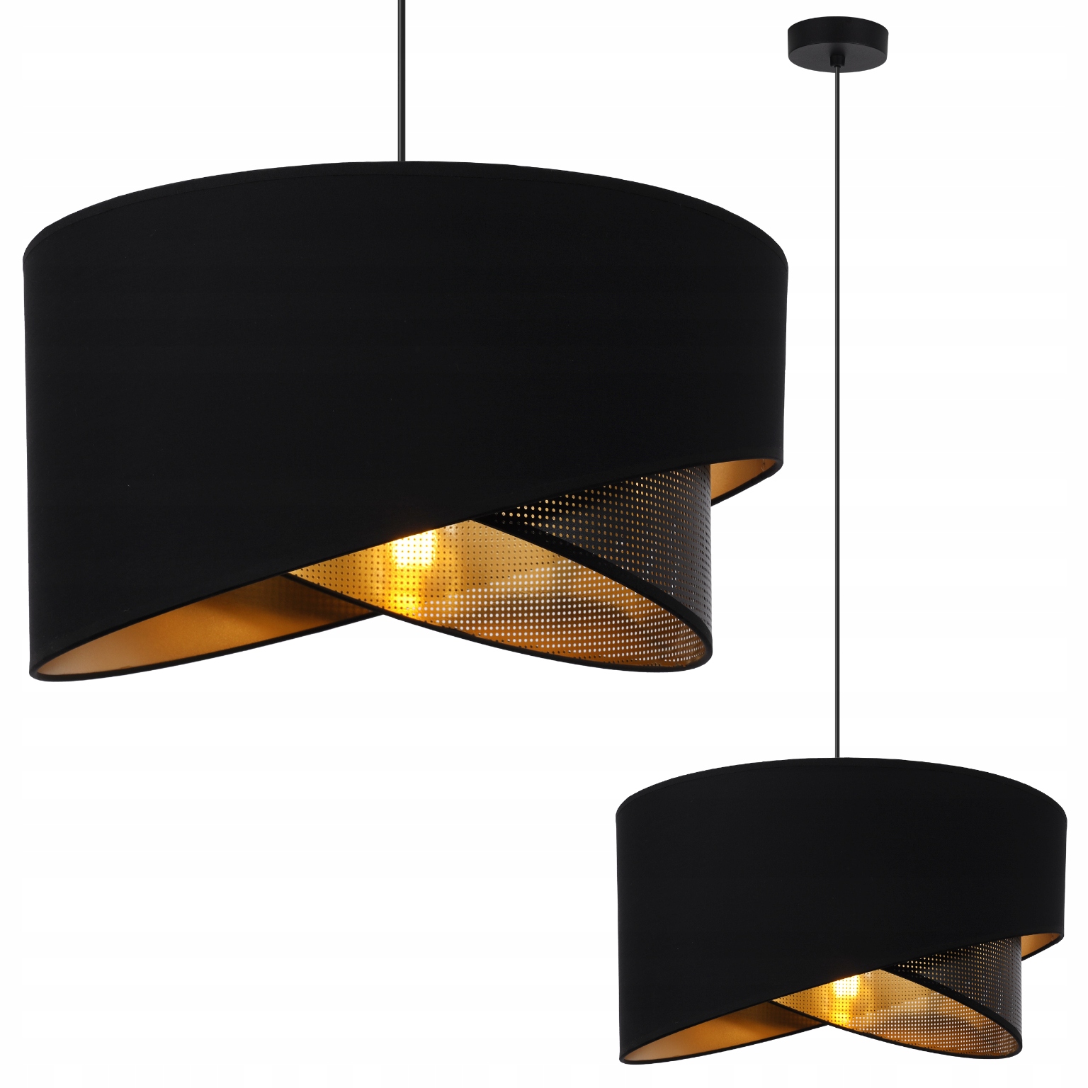 Závěsná Stropní Lampa, Černý Lustr, Zlaté Asymetrické Síťované Stínidlo