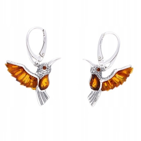 Stříbrné Náušnice Pták Kolibřík S Jantarem