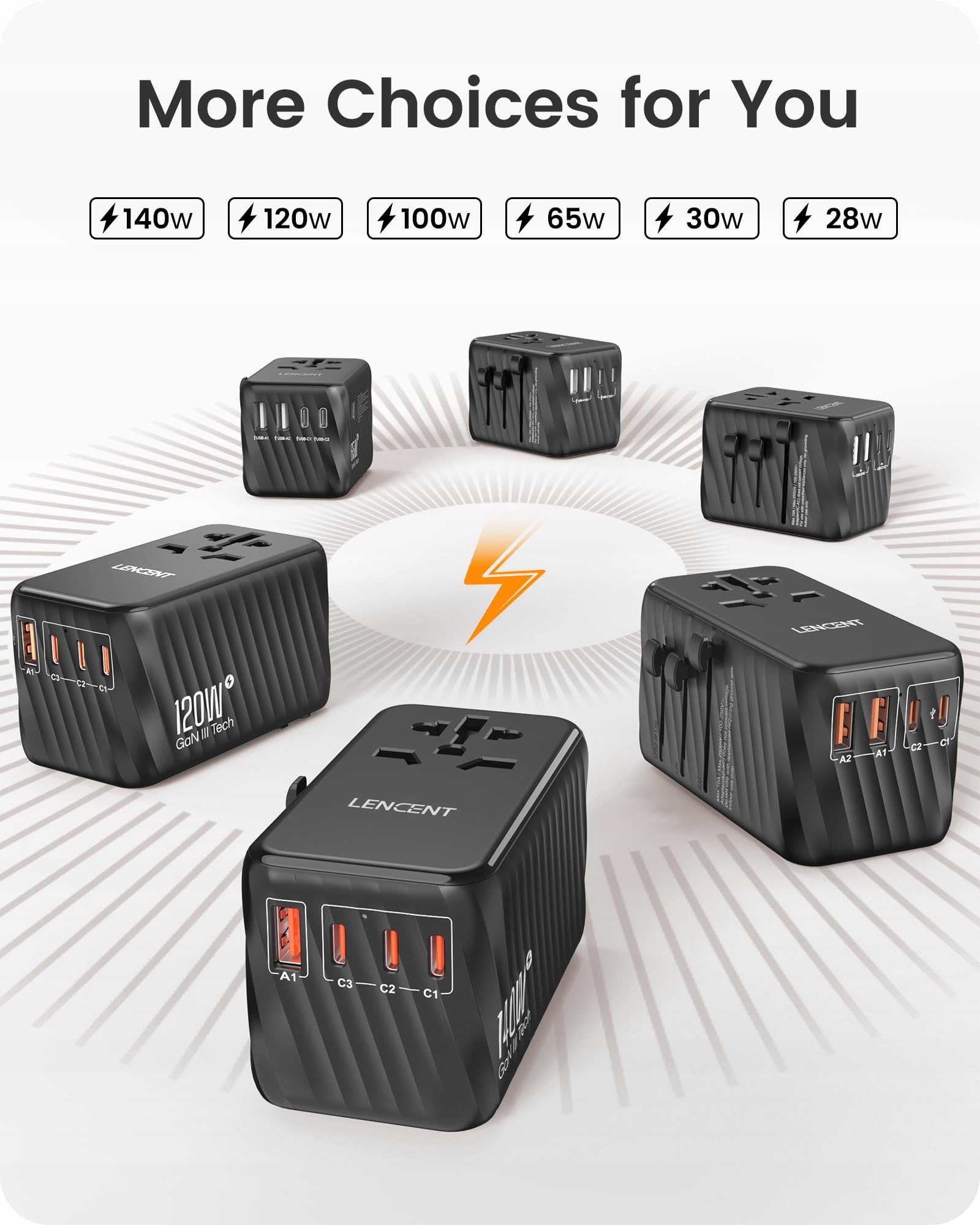 LENCENT Międzynarodowy adapter podróżny, 140 W GaN3, uniwersalny z 3 PD3.1 — miniatura 6