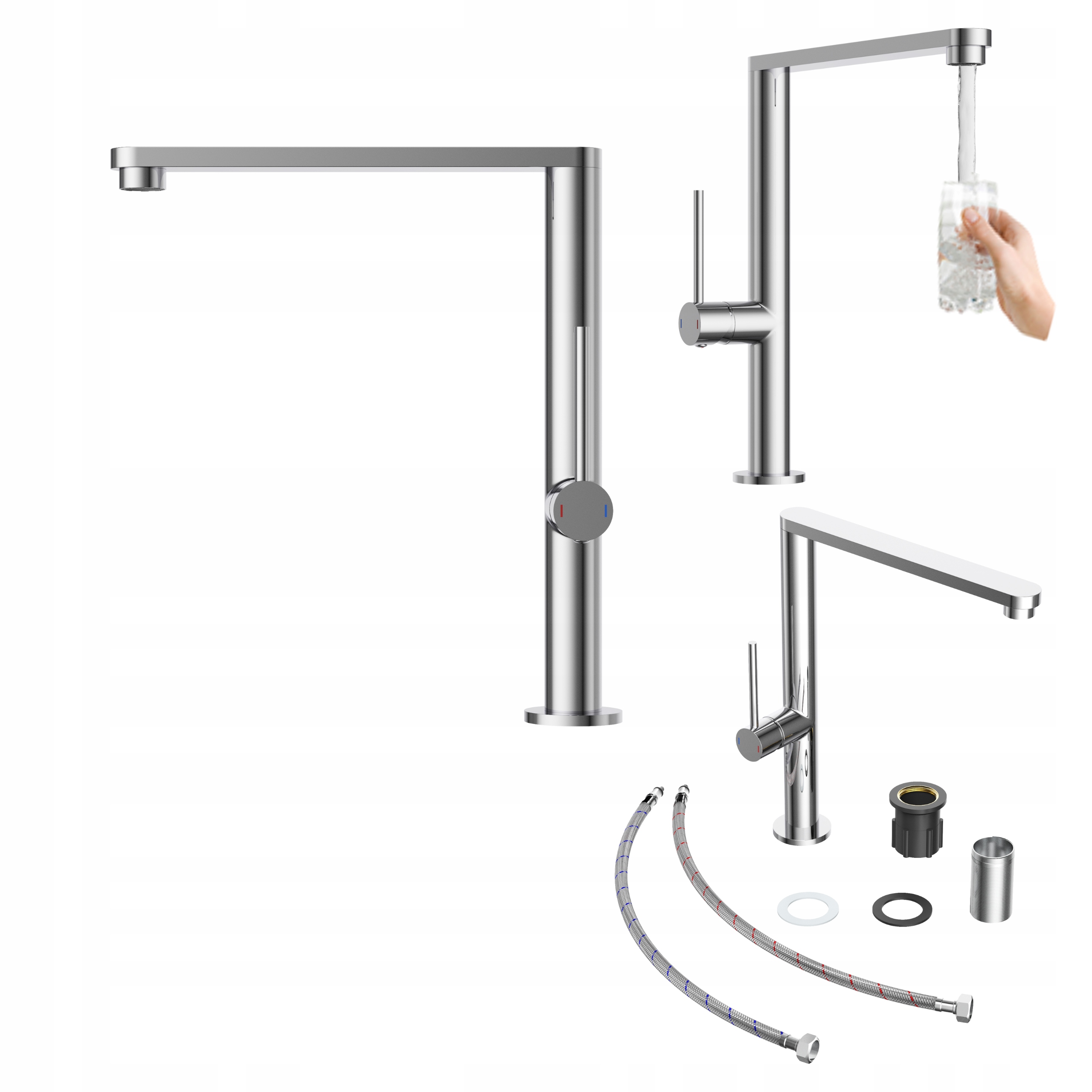 Kuchynská batéria s výtokom, strieborný kuchynský kohútik, stojan Velmo, chróm