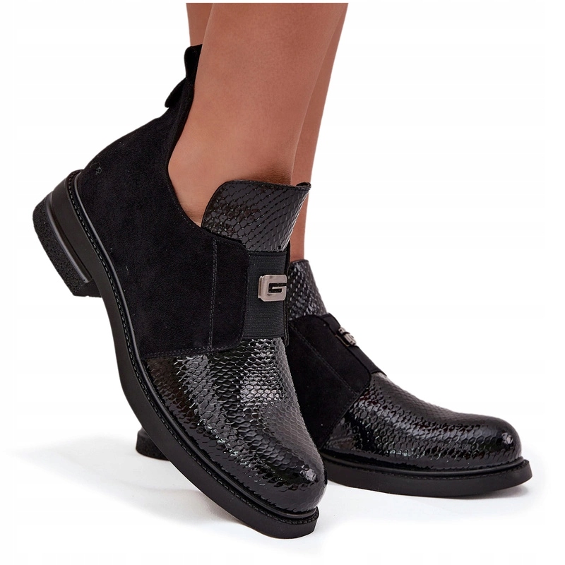 Dámské Kotníkové Boty Nízké Lakované Zateplené Podpatky Vinceza 58560 Černé 37