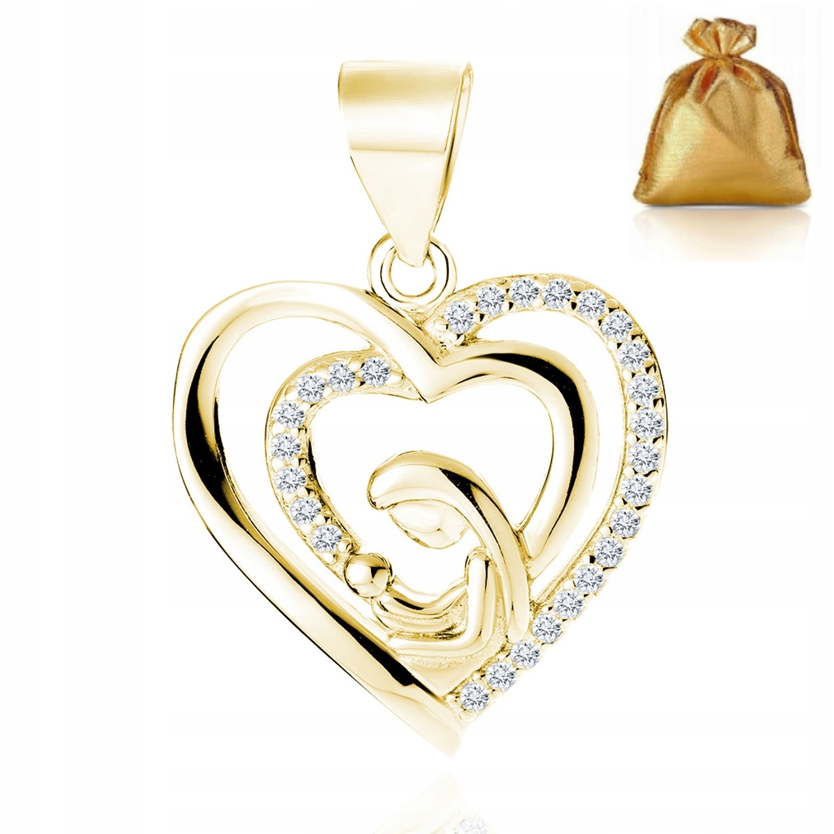 Zlatý Přívěsek Pozlacené Srdce Matka S Dítětem Zirkony Ryzost 925/585