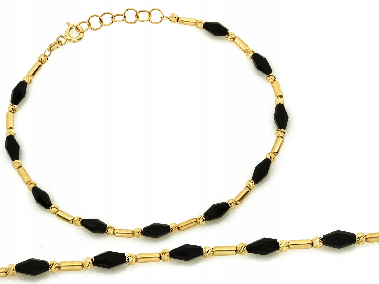 Zlatý náramek 585 dílků Kuličky trubičky 2.98g a černé kameny r20
