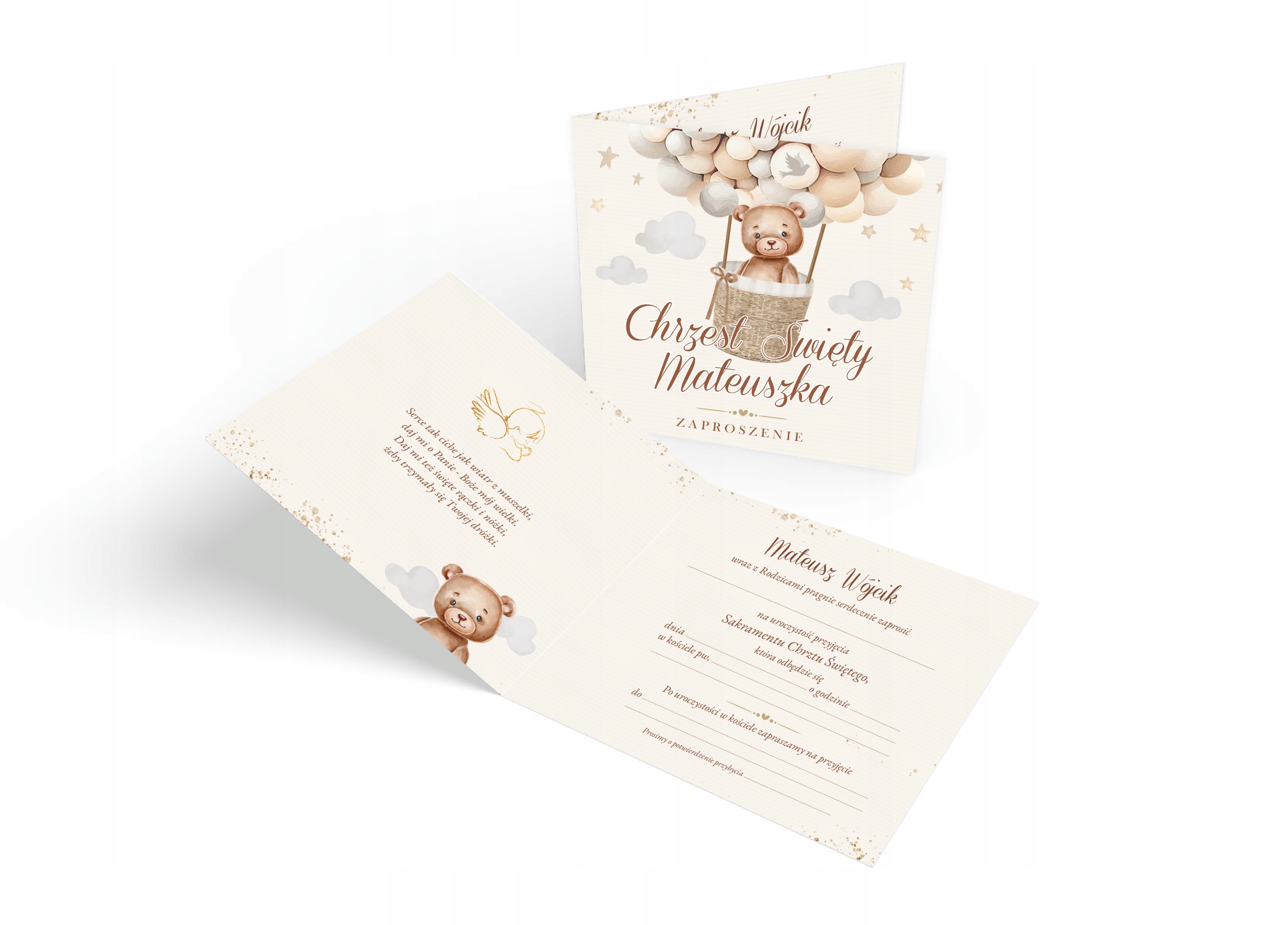 ZAPROSZENIA NA CHRZEST + IMIĘ + KOPERTA boho miś Szerokość produktu 14 cm