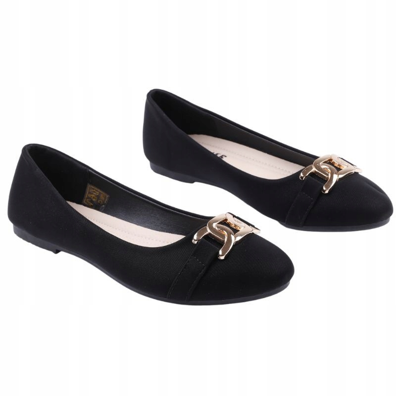 Czarne Balerinki Damskie Płaskie Buty Wsuwane Gładkie Wkładka Ekoskóra