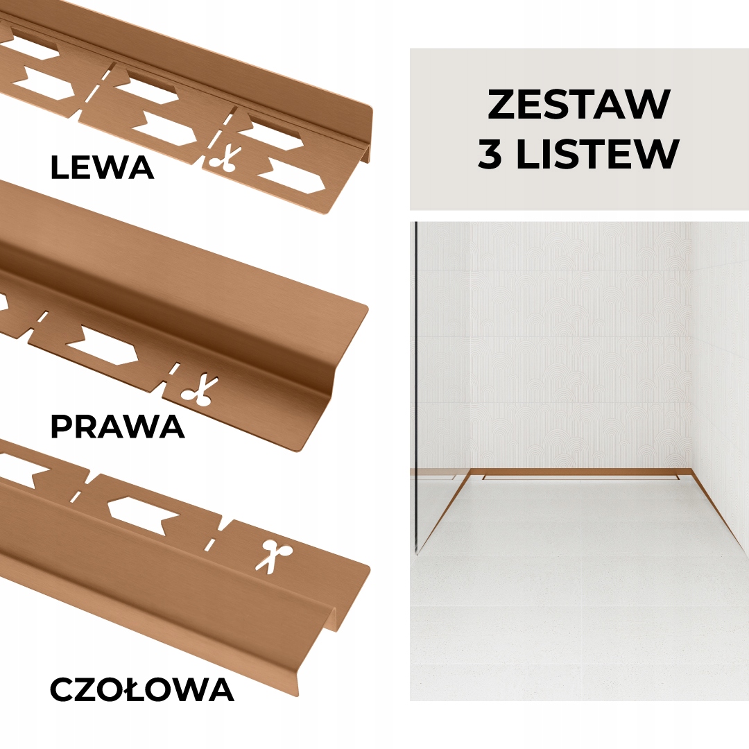 Sada lišt pro odtok Vogi Čelní+Spádová+Stěnová Měděná 120 cm