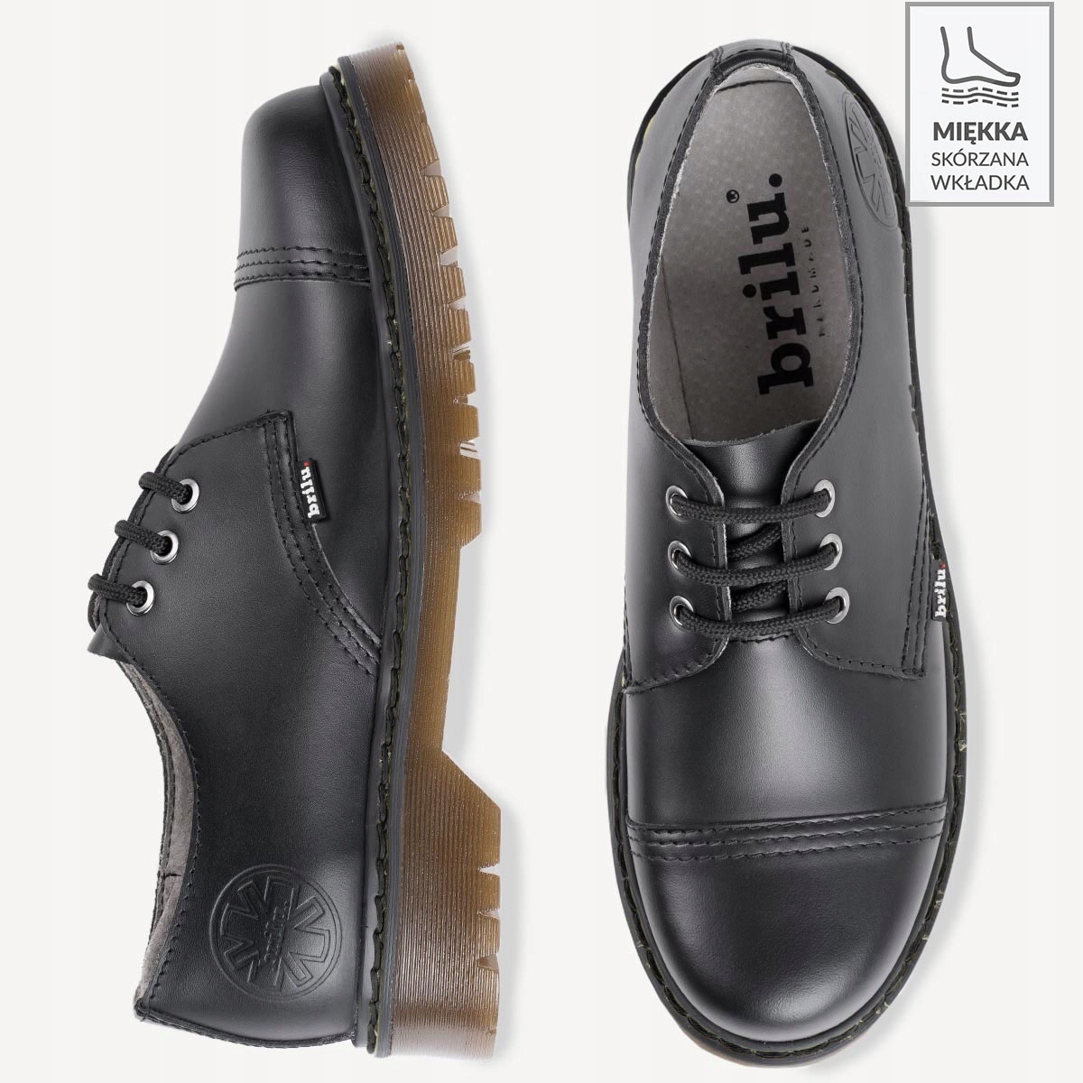 GLANY BRILU POLSKIE SPÓD KAUCZUKOWY 3-DZIURY NISKIE CZARNE SKÓRA 36 Długość wkładki 22 cm