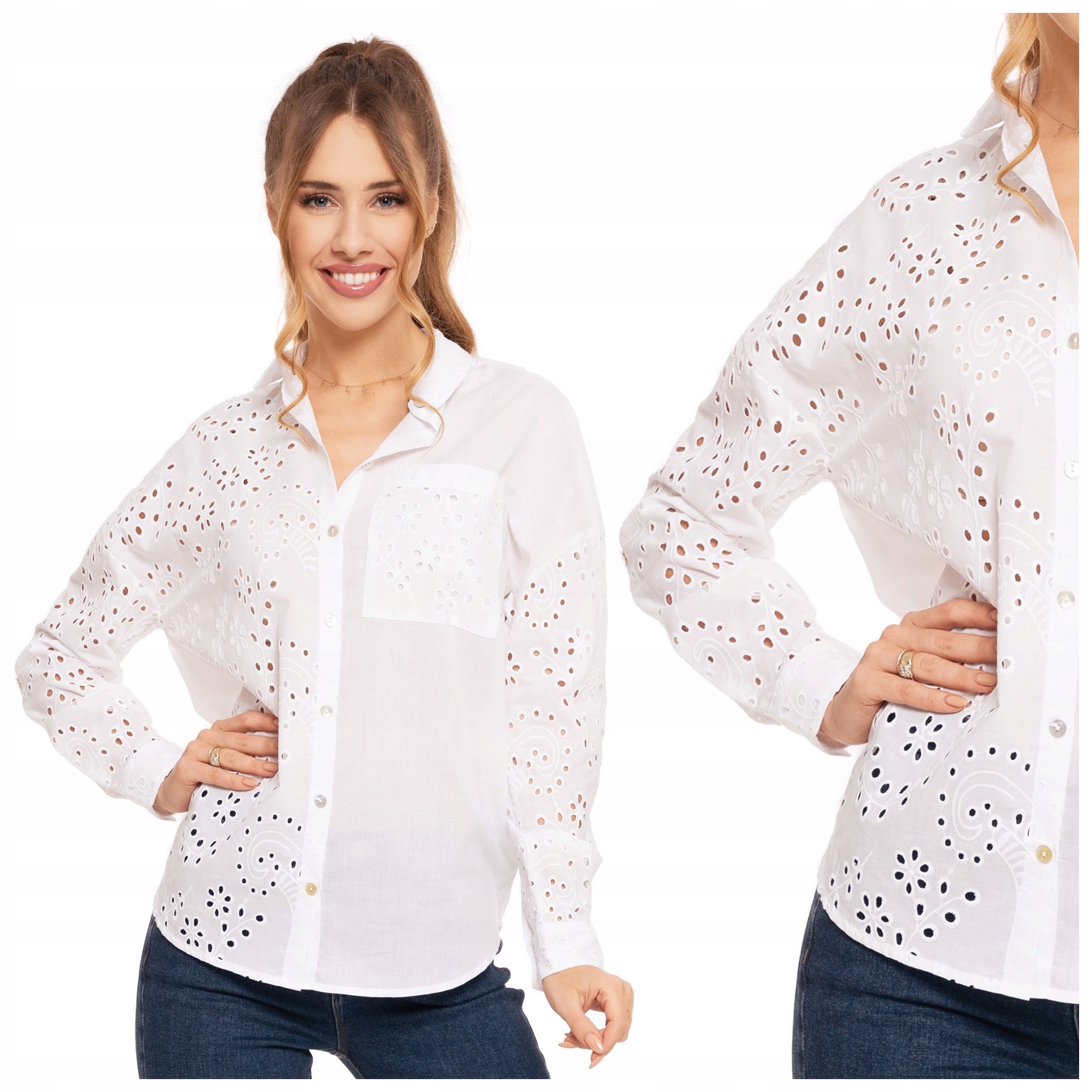 ELEGANCKA BIAŁA KOSZULA DAMSKA BAWEŁNIANA AŻUROWA LUŹNA BOHO MORAJ R.XXL