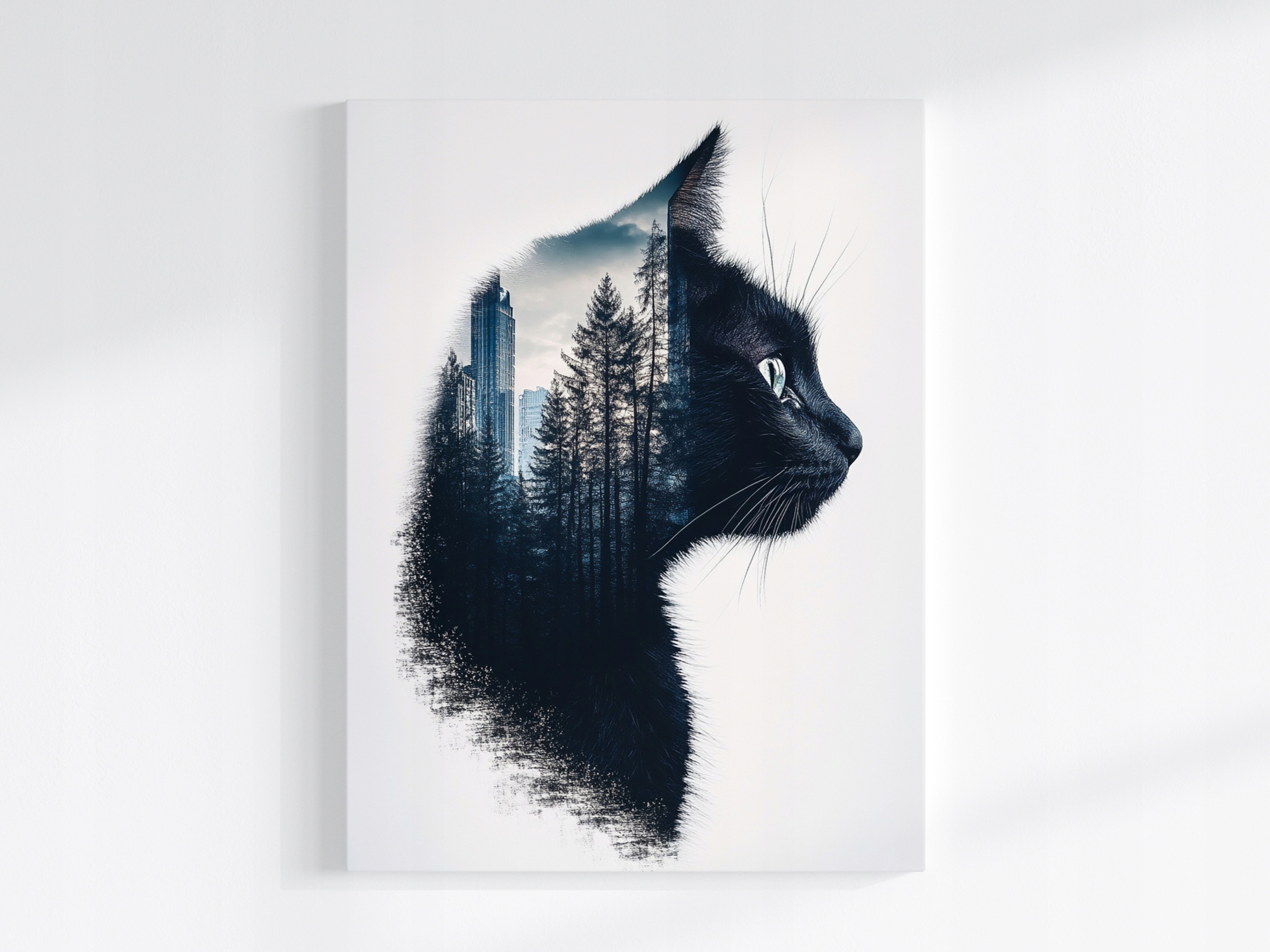 Obraz Na Plátně Canvas Grafika Černá Kočka Profil Město Les Stromy 60x80