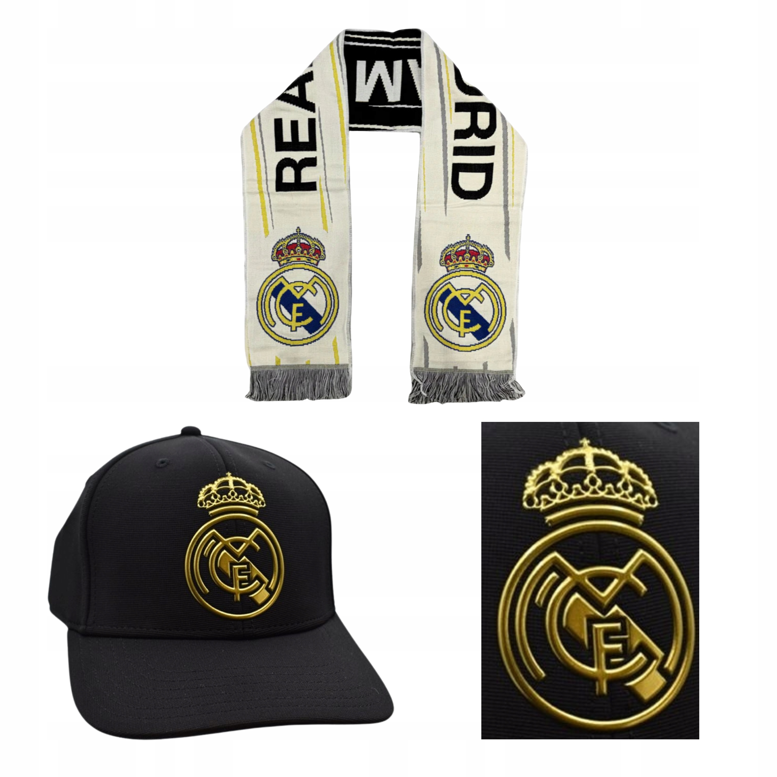 Zestaw dla kibica czapka czarna z daszkiem i szalik Real Madryt