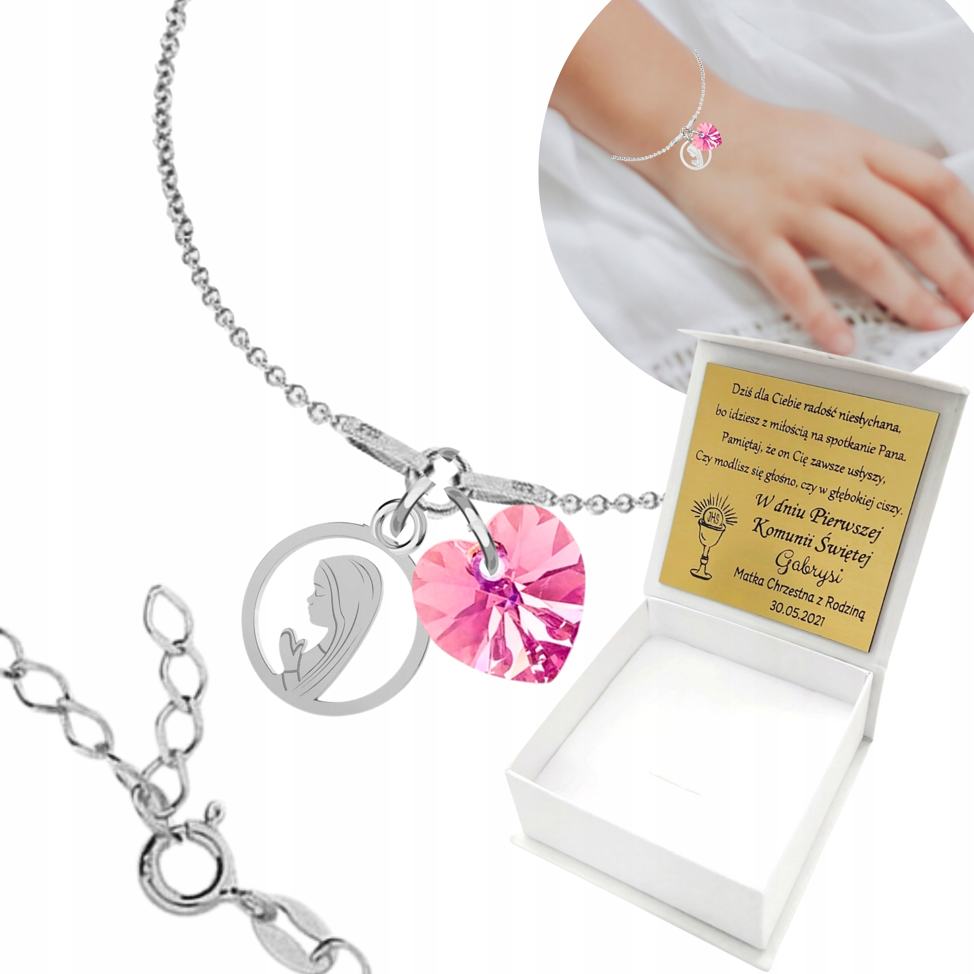 Náramek pro dívku Svaté Přijímání Medailon Gravírování Stříbro 925