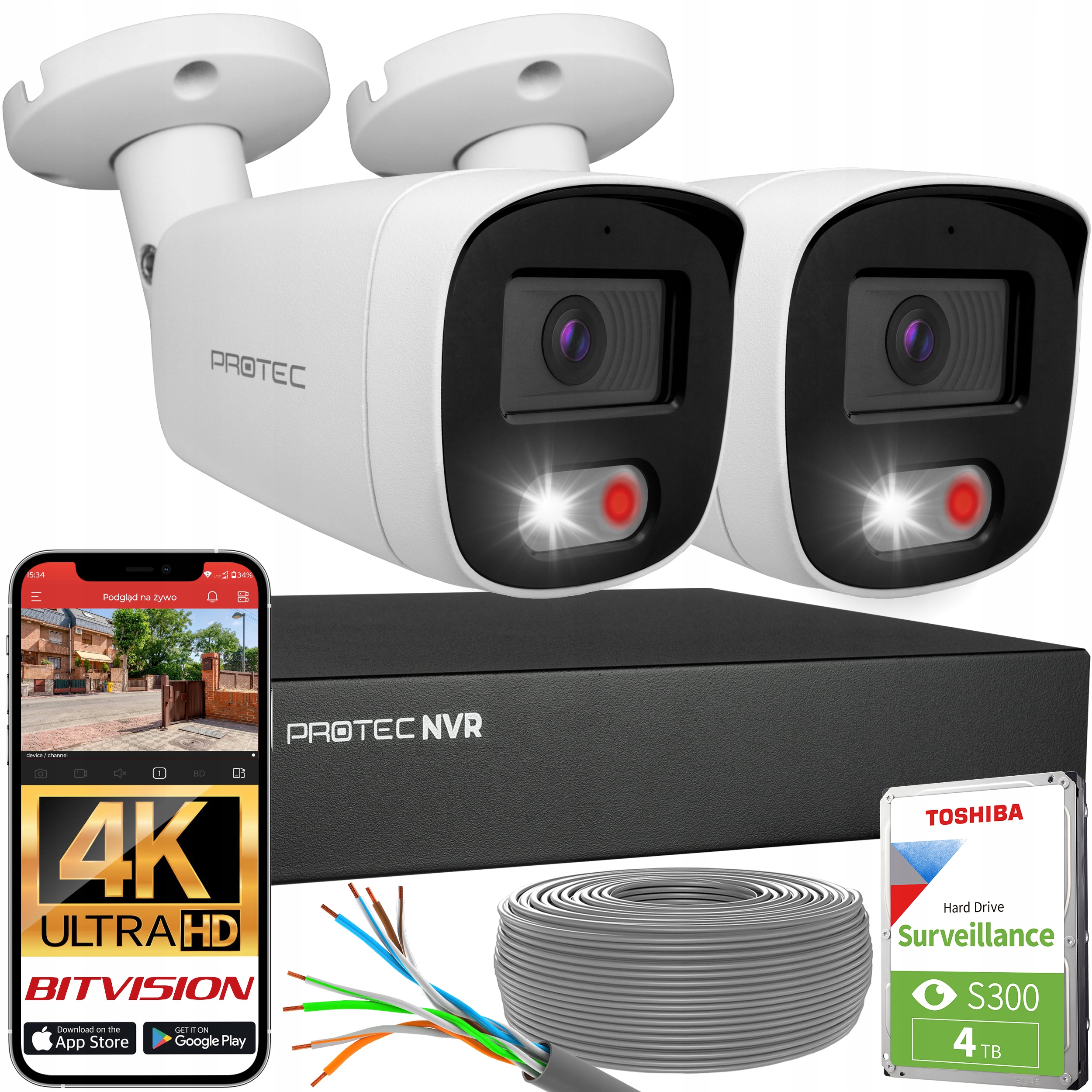 Sada 2 kamer Ip PoE Mikrofon Detekce lidí a vozidel 8Mpx 4K s Hdd 4TB