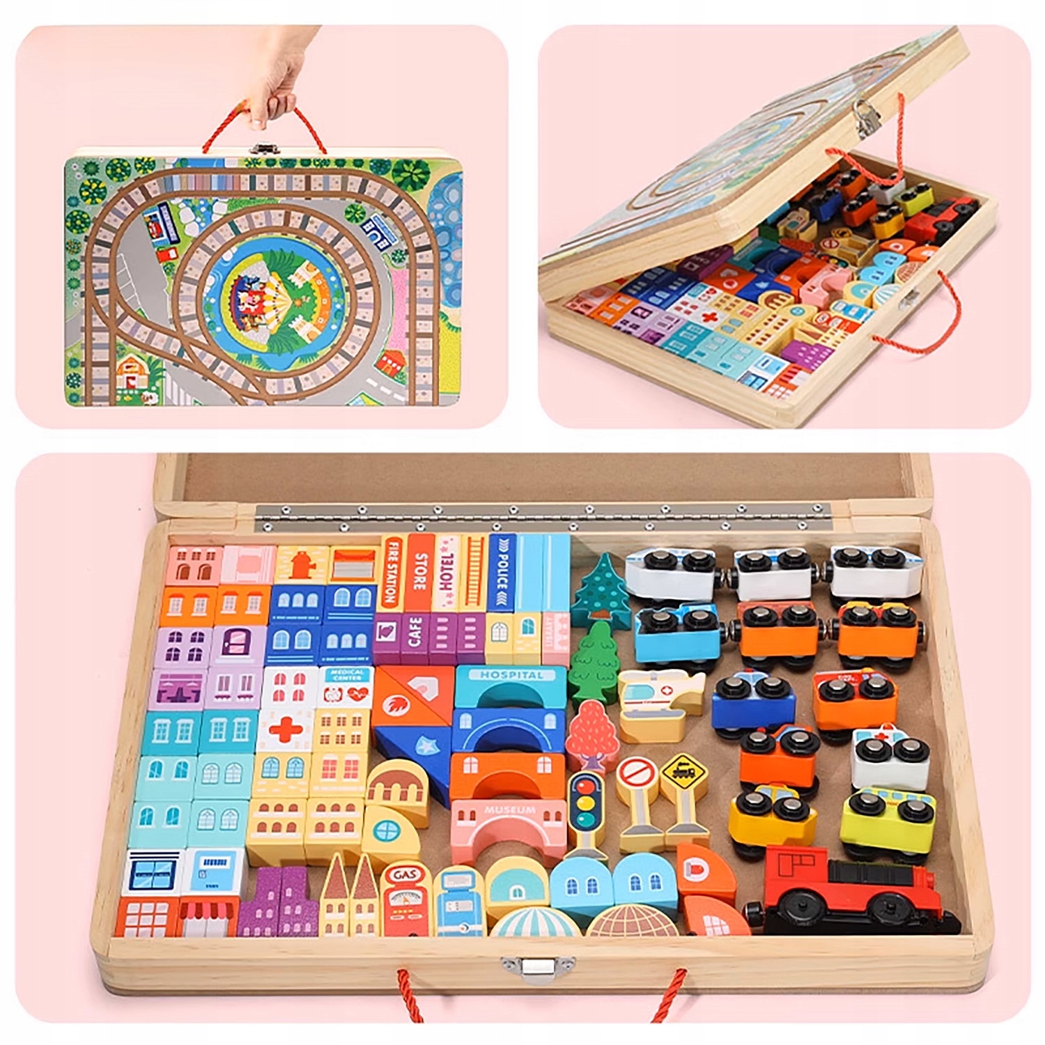 OGROMNA DREWNIANA KOLEJKA ELEKTRYCZNA TORY POCIĄG DROGA AUTA KLOCKI MIASTO Materiał drewno inny