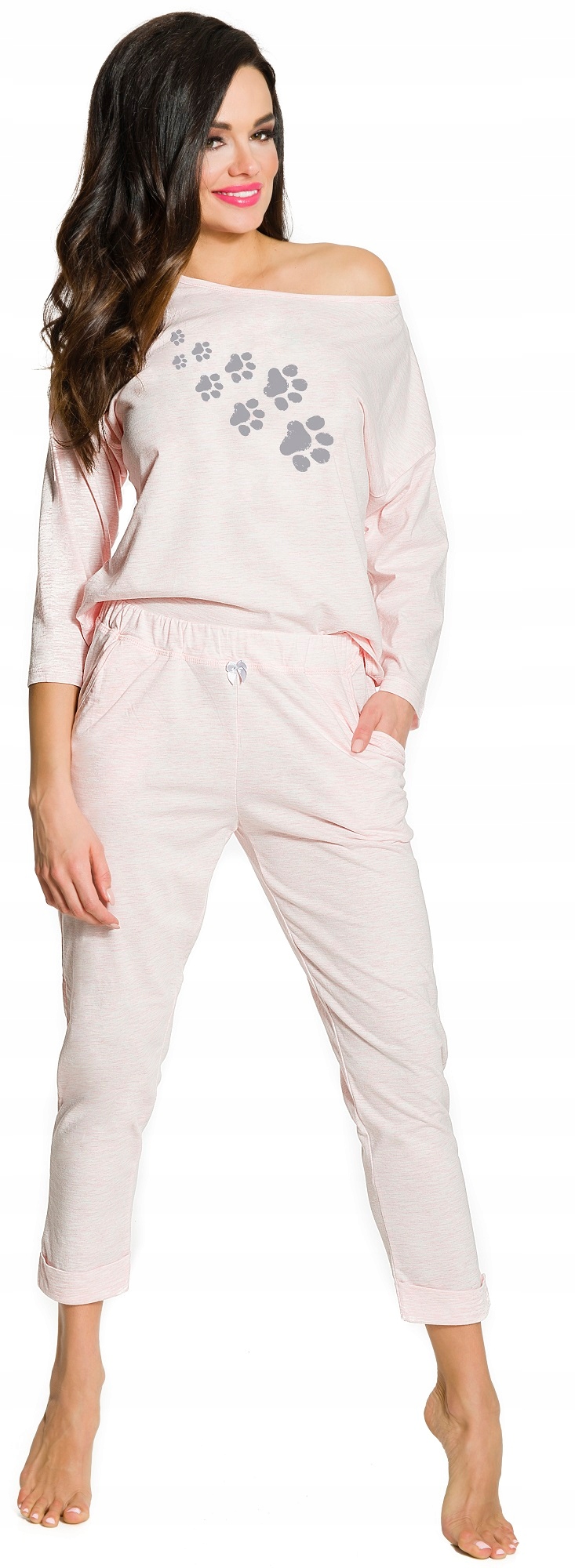 SPORTOWA LUŹNA PIŻAMA DAMSKA DŁUGI RĘKAW ŁAPKI M Dekolt okrągły