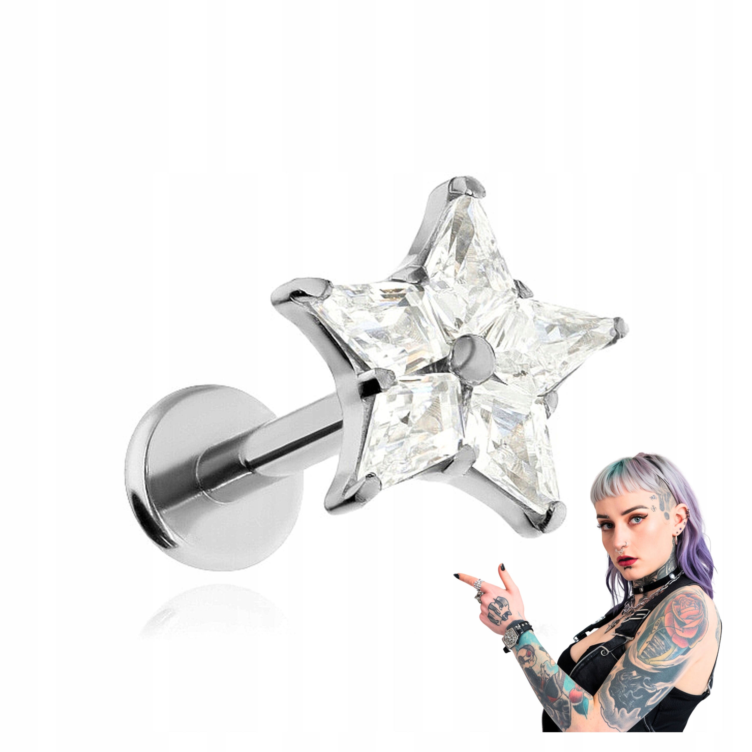 Titanová náušnice labret hvězda s bílým zirkonem stříbrný helix lobe 1,2/8