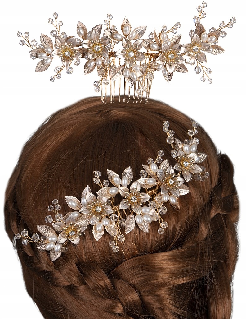 

Mały Grzebyk Złoty na ślub ozdoba do włosów kwiat