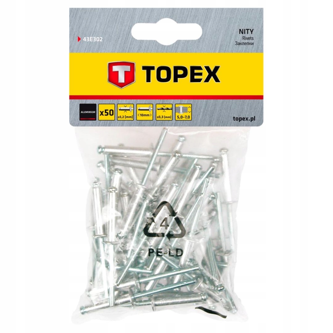 

Nity aluminiowe 3.2 x 10 mm, 50 szt. Topex 43E302