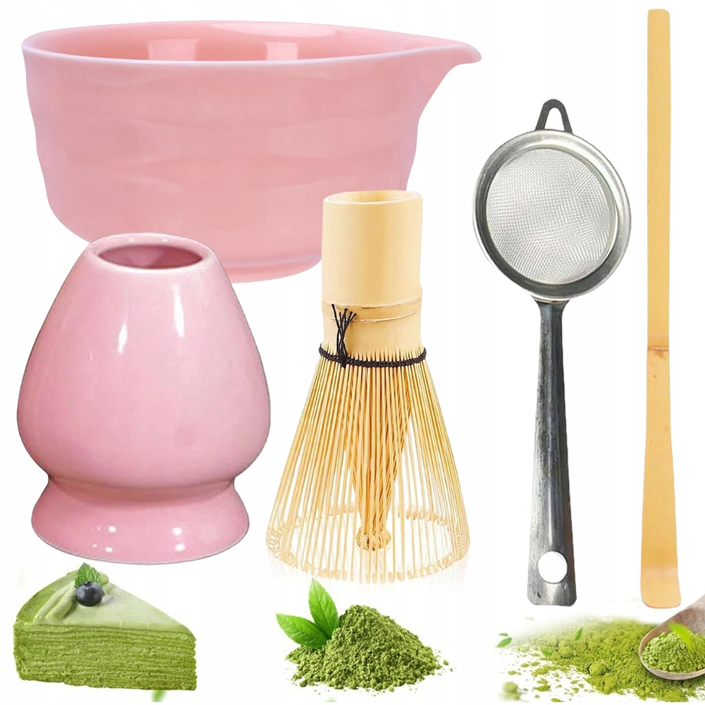 Levně Růžový Matcha Set S Miskou A Podstavkou S Metličkou A Lžičkou