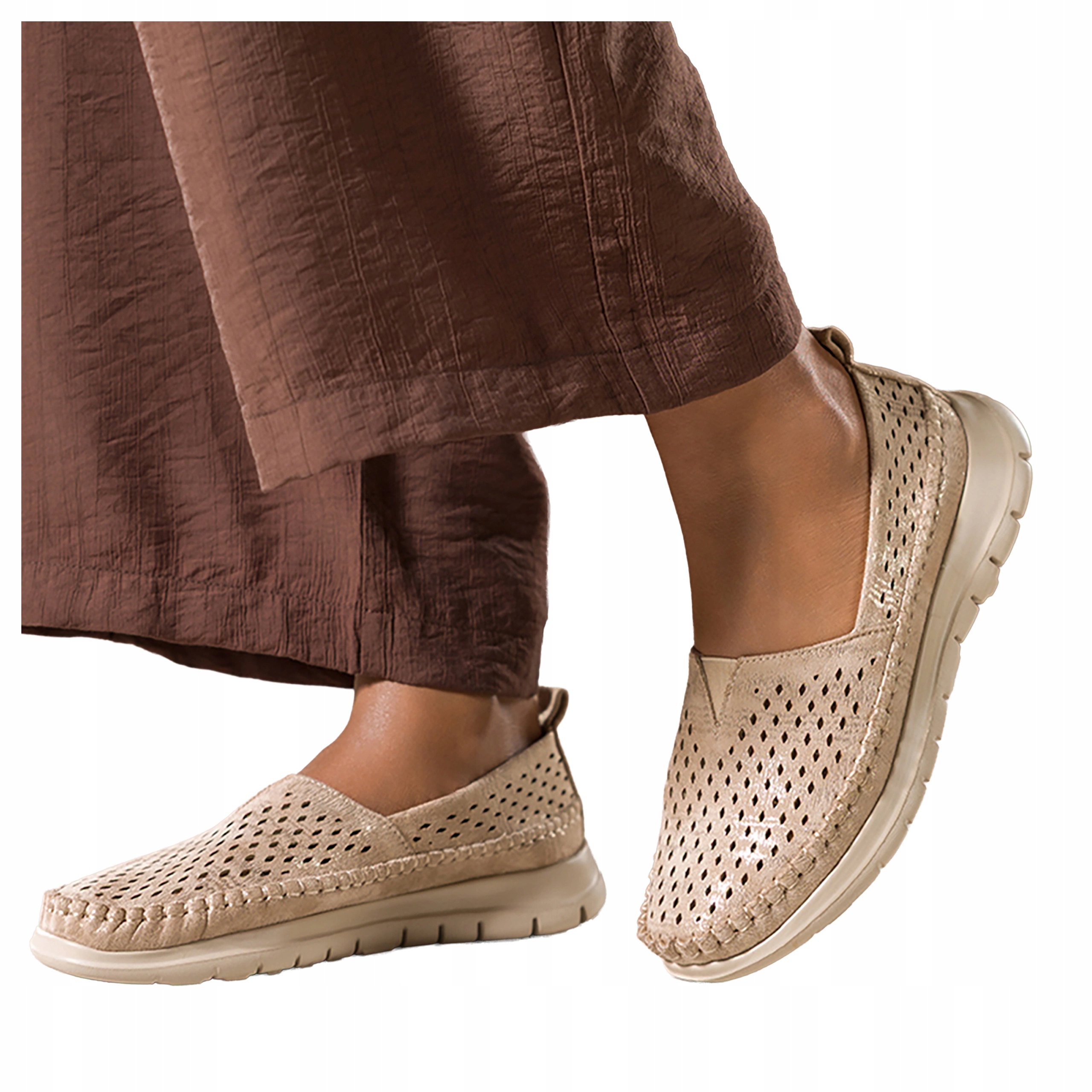 Béžové dámské Polobotky Slip On Ažurové Kožená vložka na platformě, velikost 39