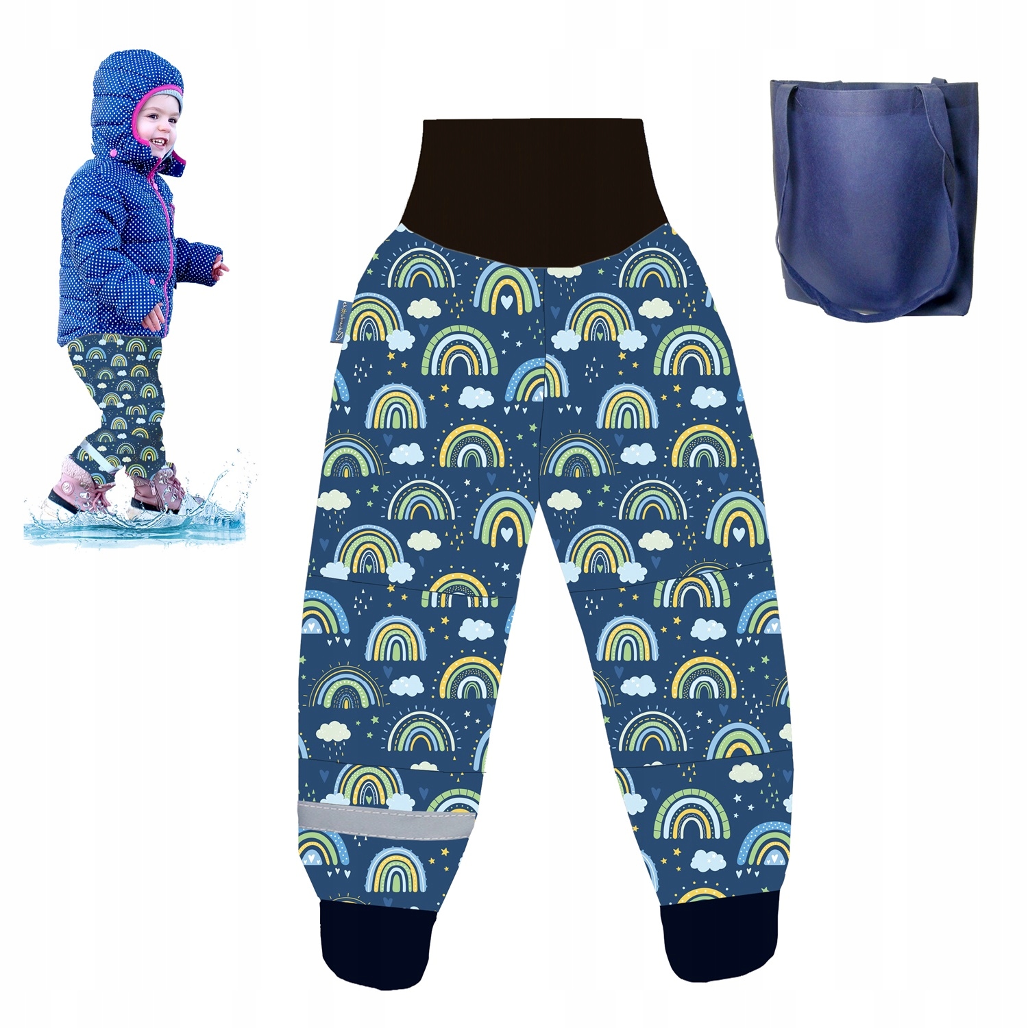 SPODNIE PRZECIWDESZCZOWE chłopięce nad morze, lasu, kałuże, tęcza r.116