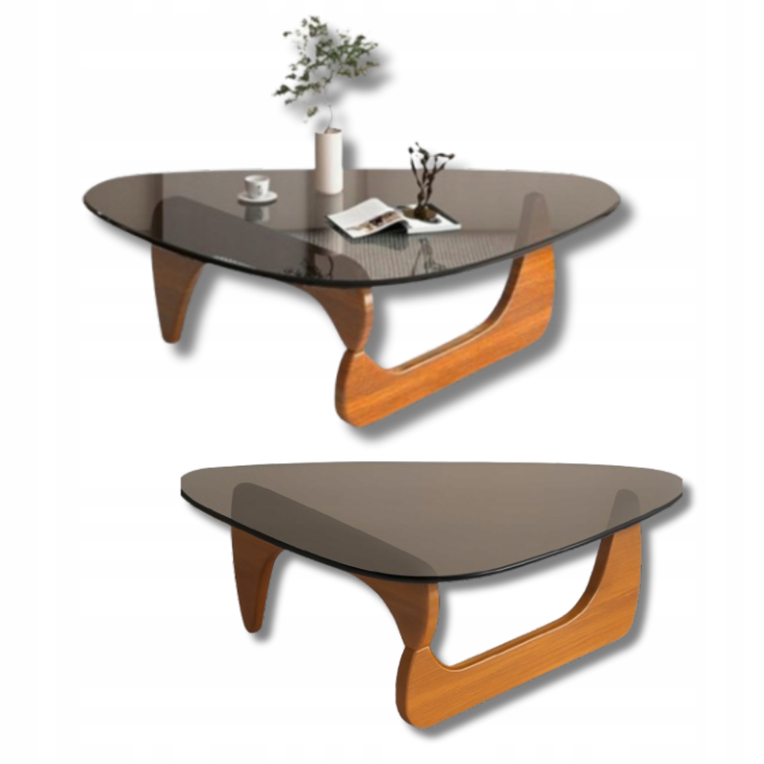 Konferenční stolek Láva do obývacího pokoje s šedou skleněnou deskou Trojúhelník Ořech 114 cm