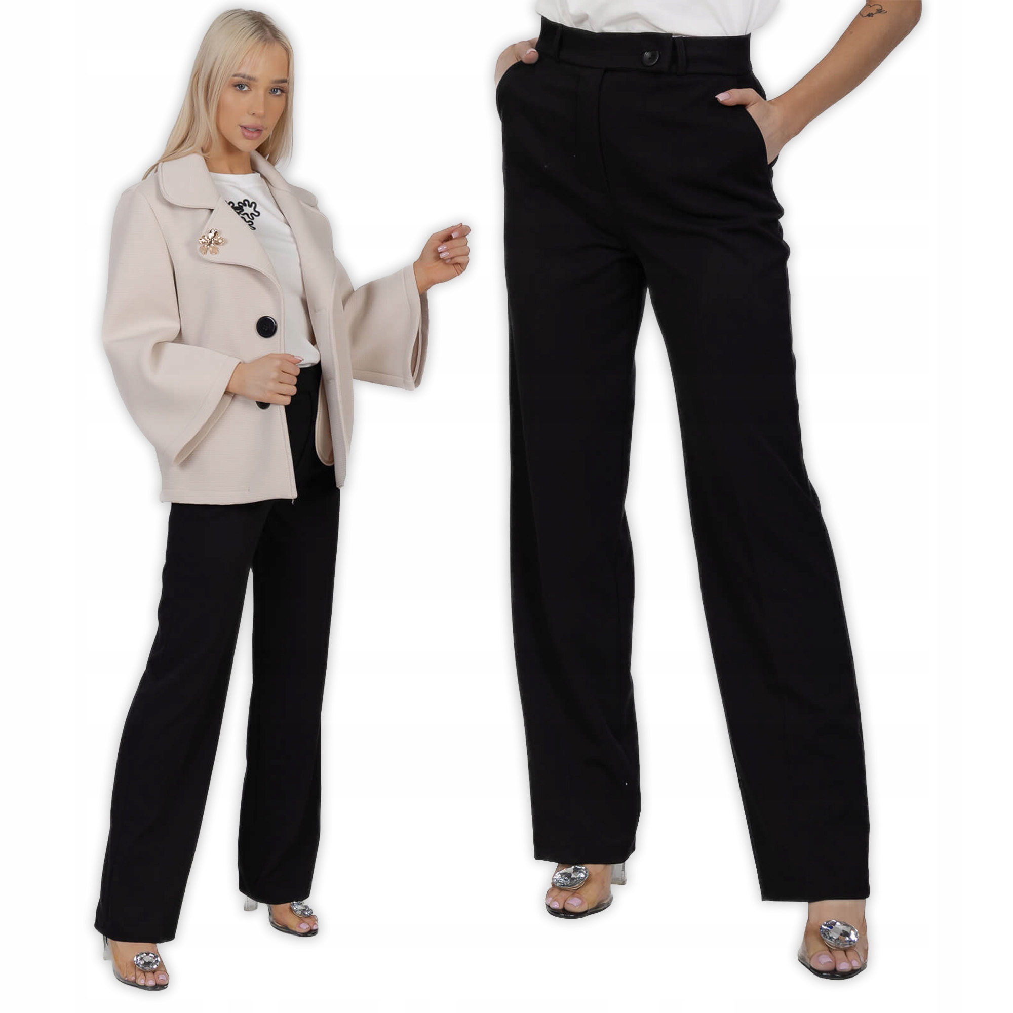 Elegantní Bb kalhoty s širokou nohavicí, vysoký pas, černé 40