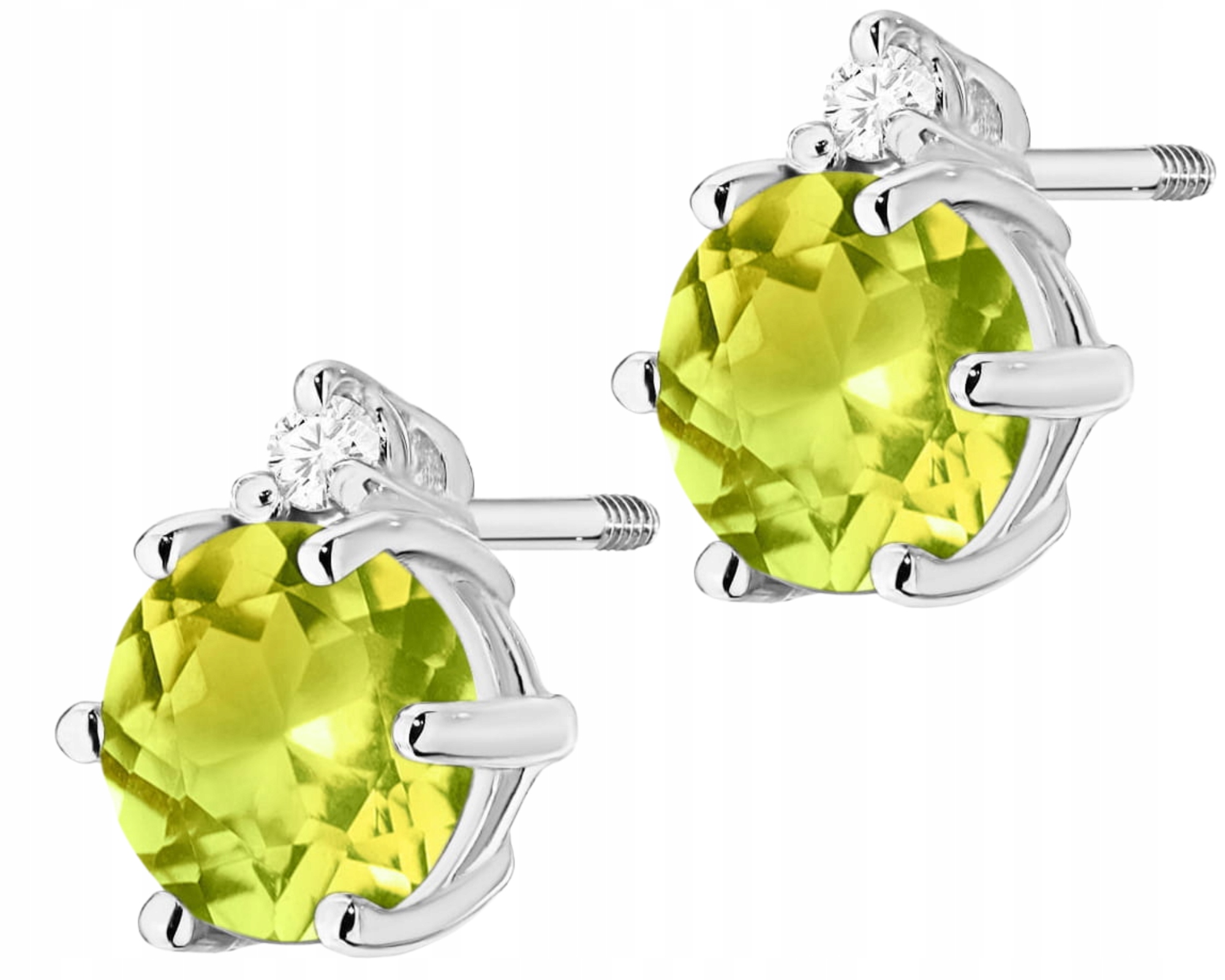 Bílé Zlato Náušnice S Olivínem A Brilianty, Šroubovací Tyčinka 585