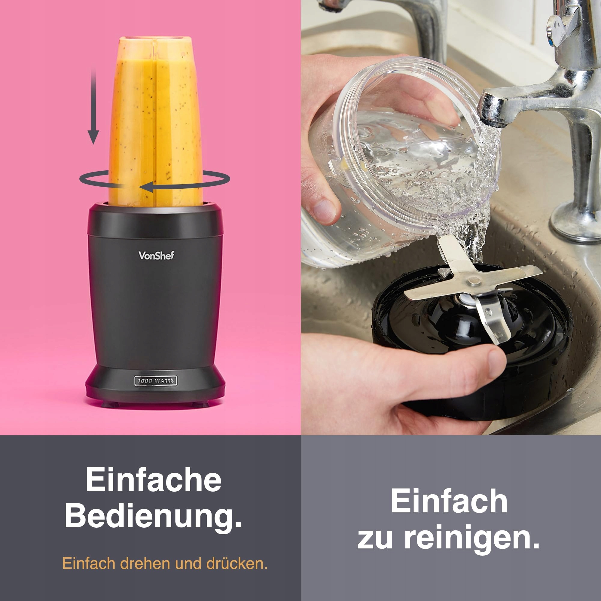 VONSHEF Mikser Smoothie Maker Do Owoców Warzyw i Lodu 1000W 500ml 800ml — miniatura 6