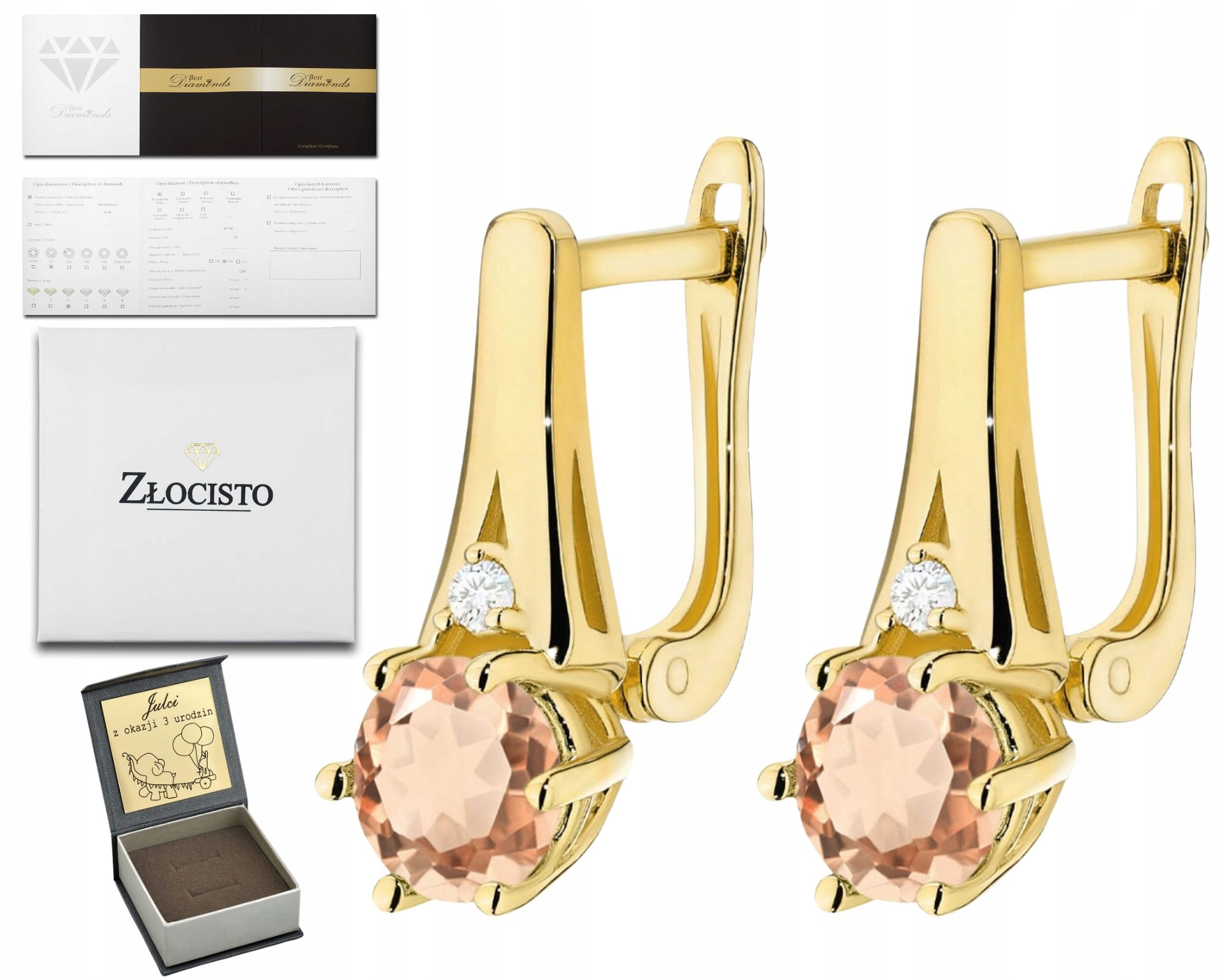 Zlaté Náušnice Přírodní Kámen Morganit A Diamanty Brilianty 585 Zlato 14K