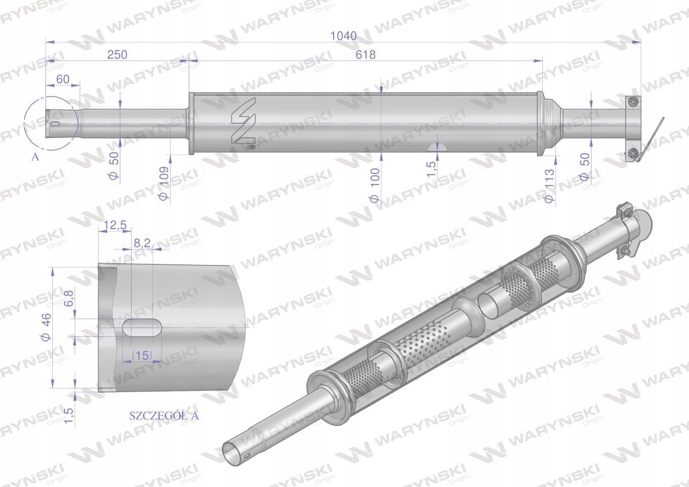 Tłumik okrągły 1040 mm 5kg C-360 (prosty) INOX WARYŃSKI Producent części Waryński