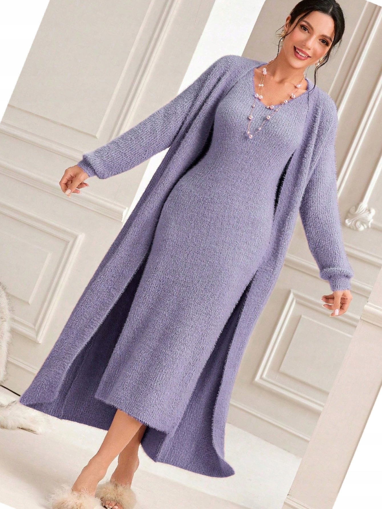 Komplet Nadýchané Šaty Kardigan Pletený Chlupatý Fialový S 36