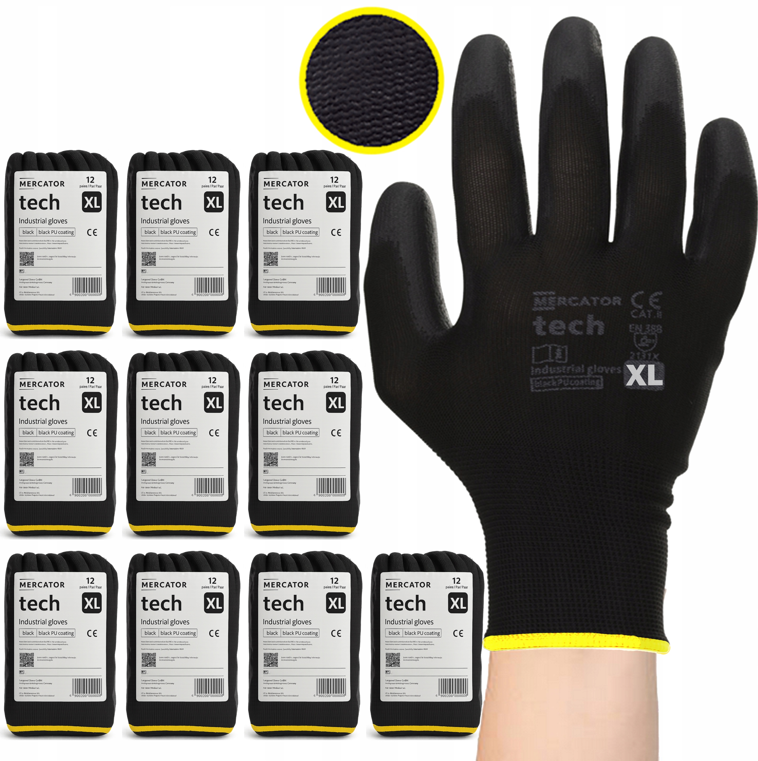 Pracovní Rukavice Tech Mercator Black+Černá Poliur Přiléhavé XL 120 párů