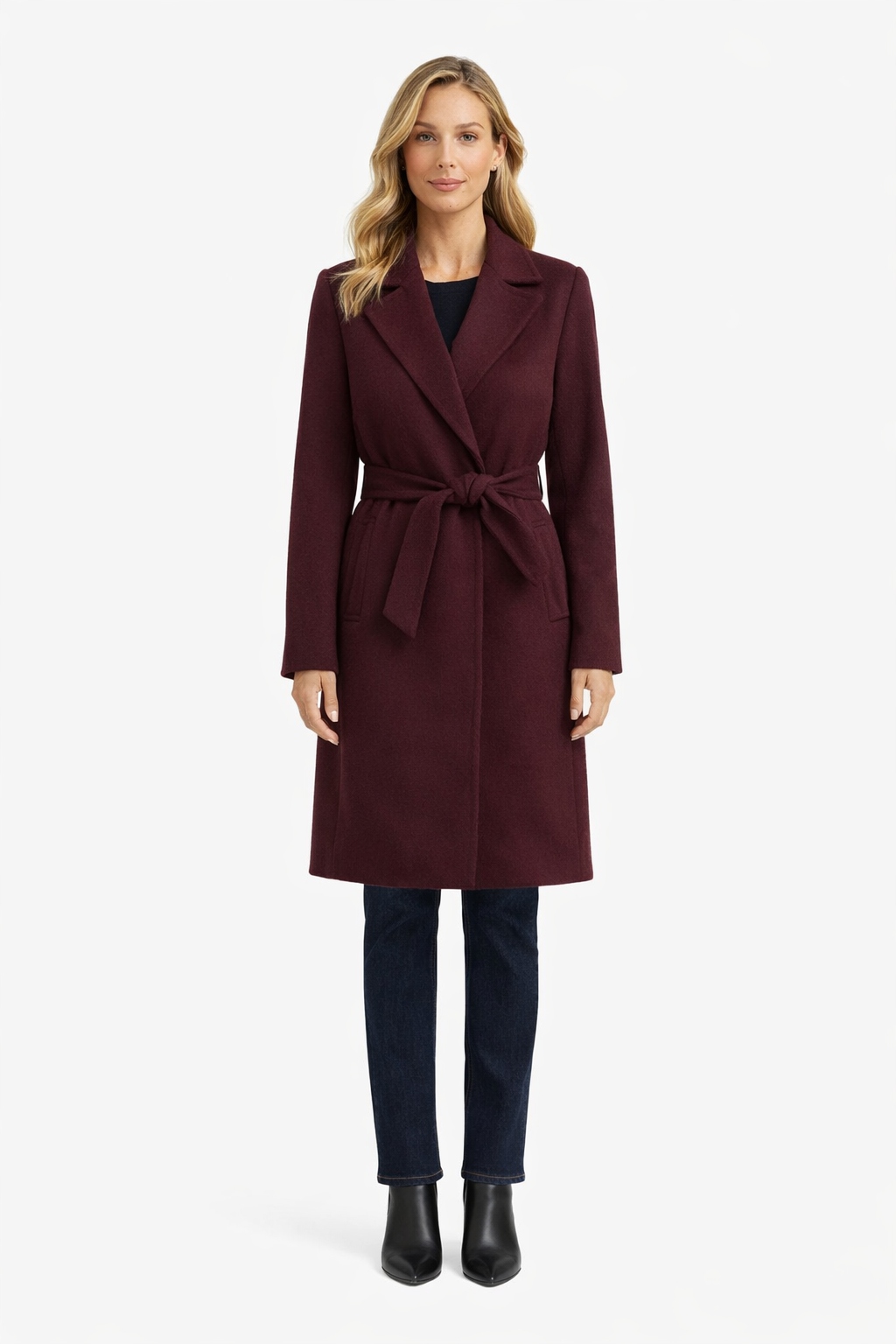 Klasický Vlněný Kabát Bordó Ke Kolenům Xs I3A