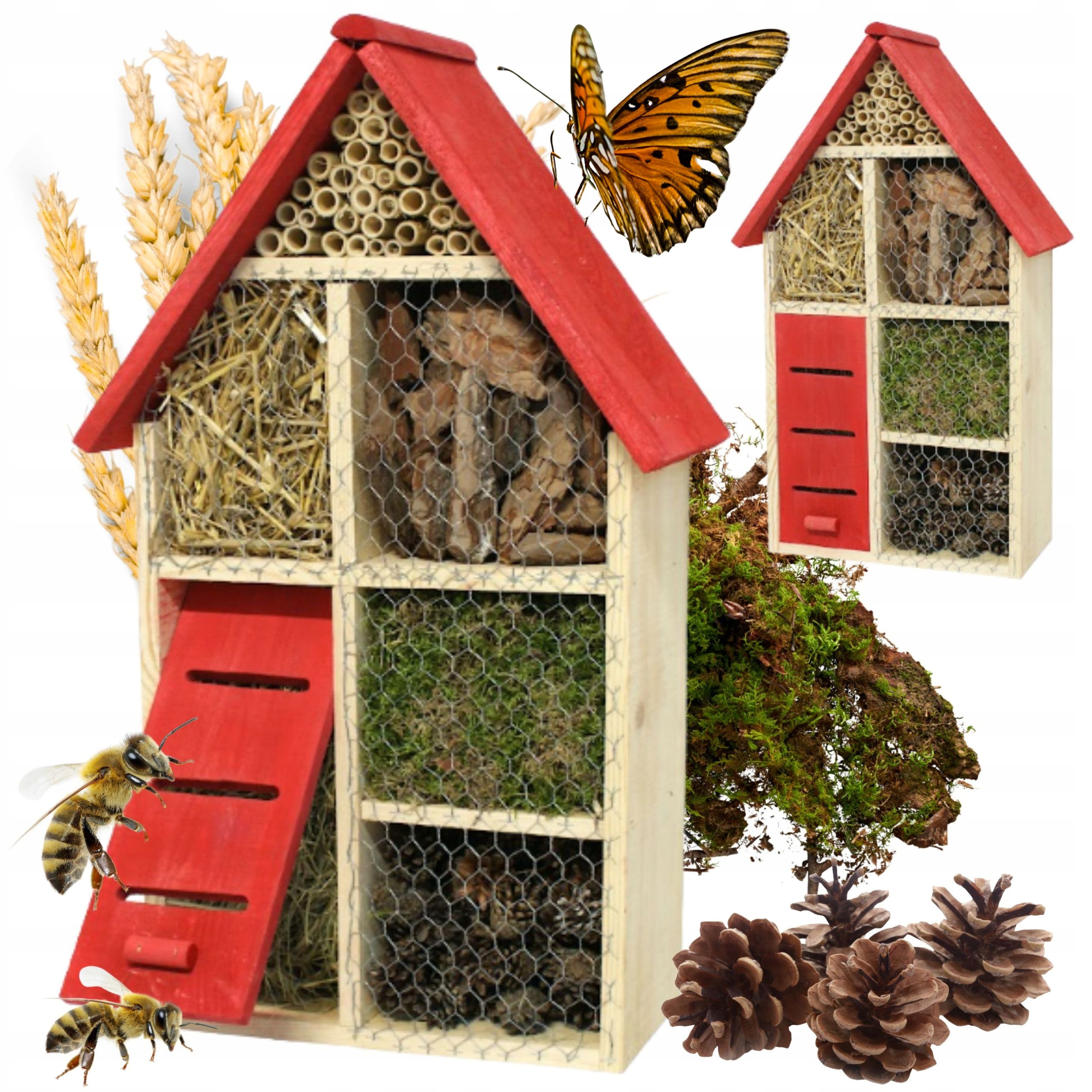 Hotel dla Pszczół Motyli Owadów Duży Domek Czerwony 5 Przegród 45x20x79 cm
