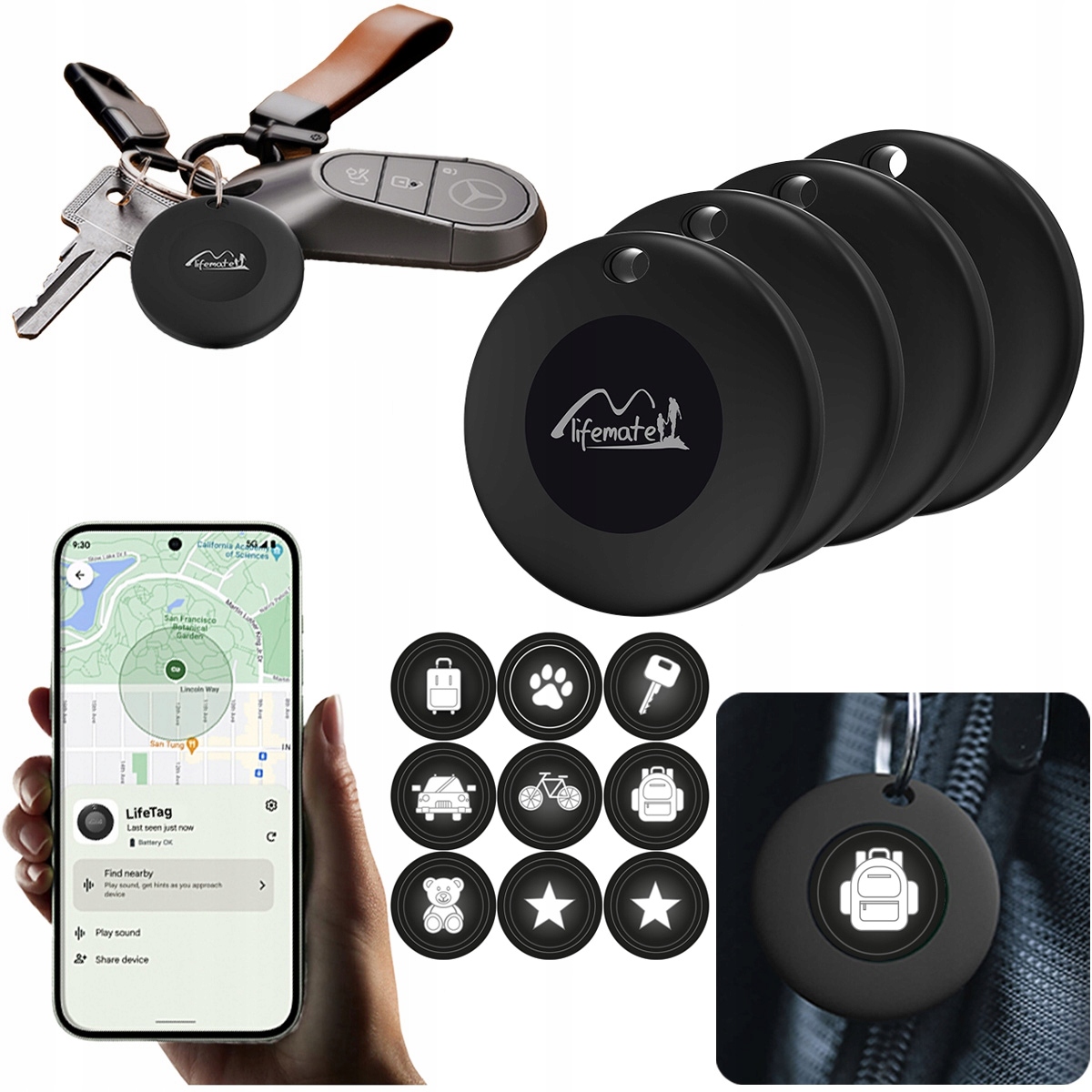 4x Gps Lokátor Life Tag Lifemate pro Android, na klíče, do batohu samolepky