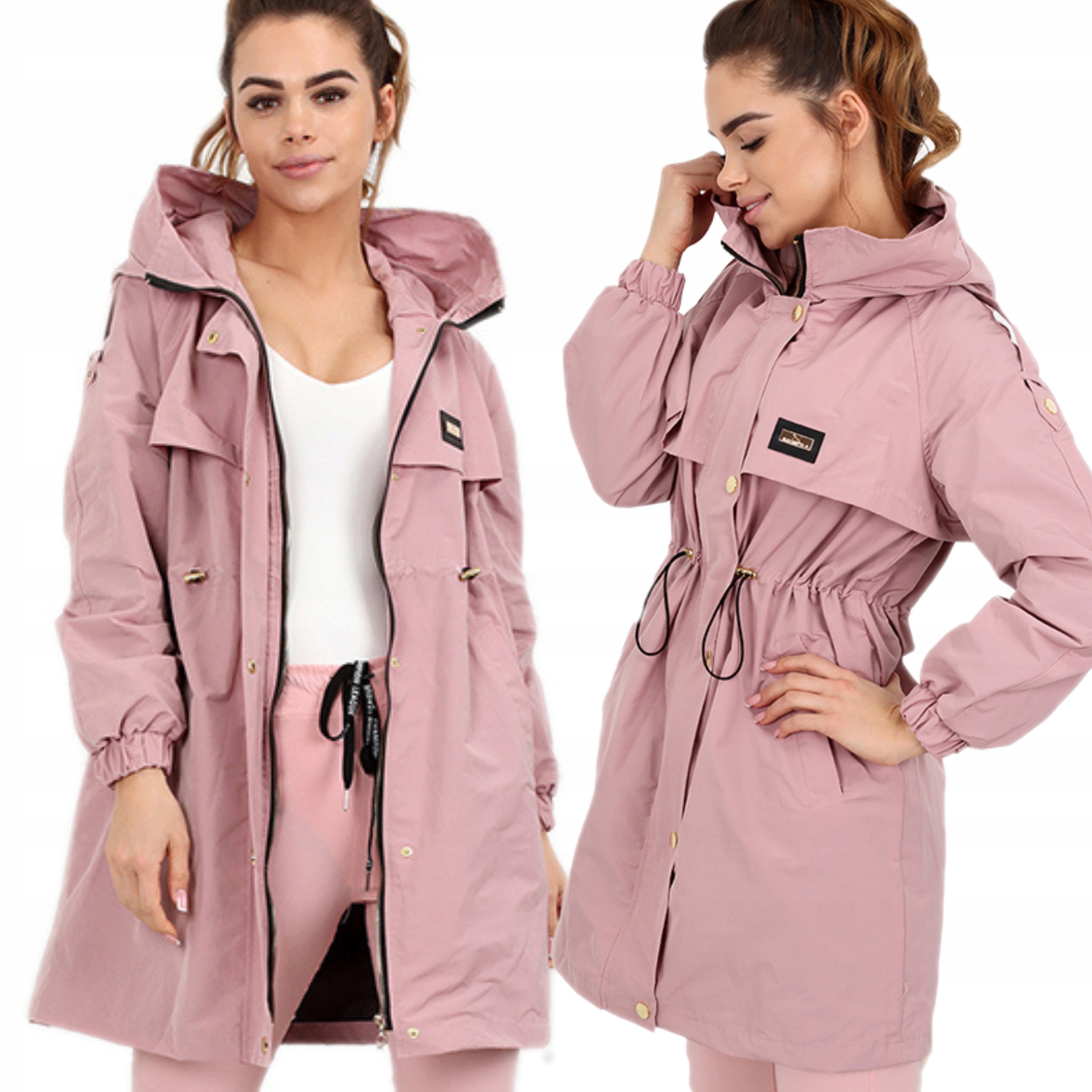 Kurtka Długa Parka Damska Kaptur Polska Produkcja Modna 36/38 Br Róż 2331