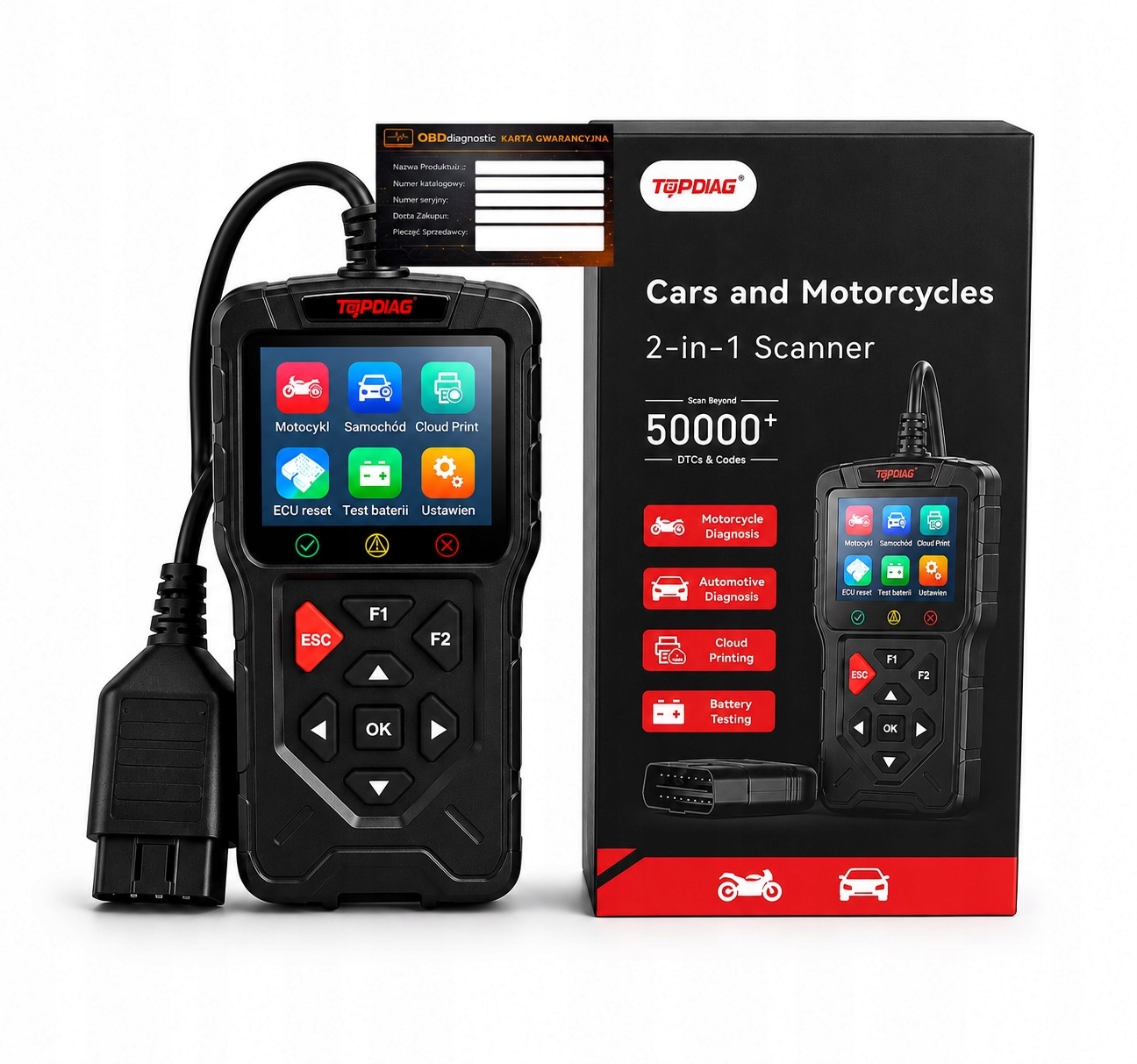 Topdiag Tester Diagnostyczny OBD2 do Motocykl i Samochodów Skaner Ecu