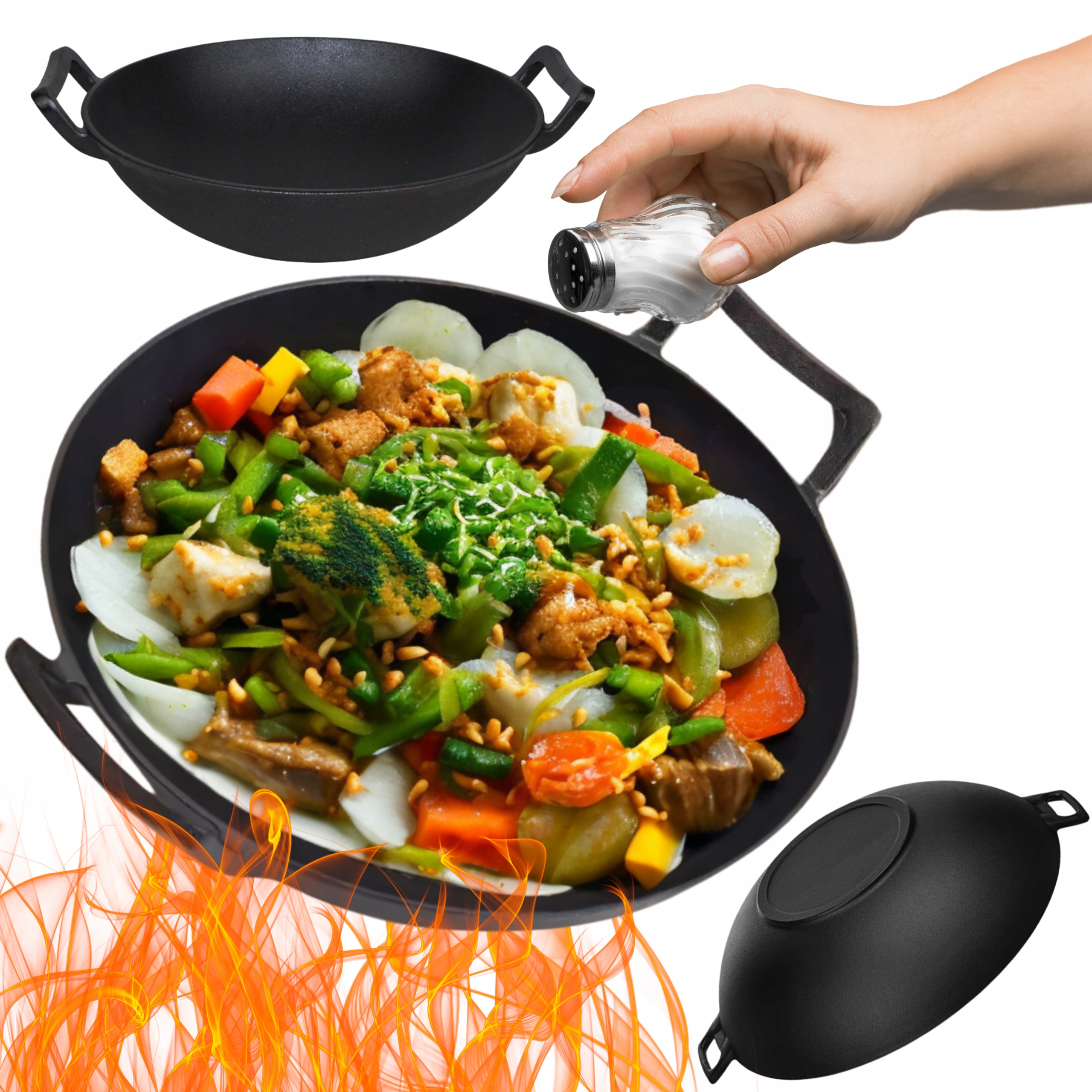 WOK ŻELIWNY 30 CM DUŻY NA INDUKCJĘ KUCHENKĘ OGNISKO PATELNIA ŻELIWNA