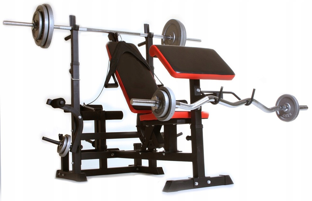 Zestaw obciążeń żeliwnych 105kg ławka Multi treningowa regulowana sztanga