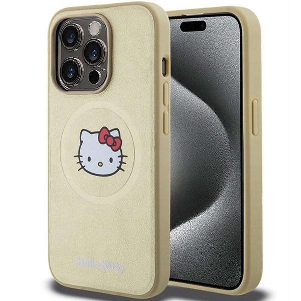 Pouzdro Hello Kitty Leather Kitty Head MagSafe pro iPhone 15 Pro Max zlaté