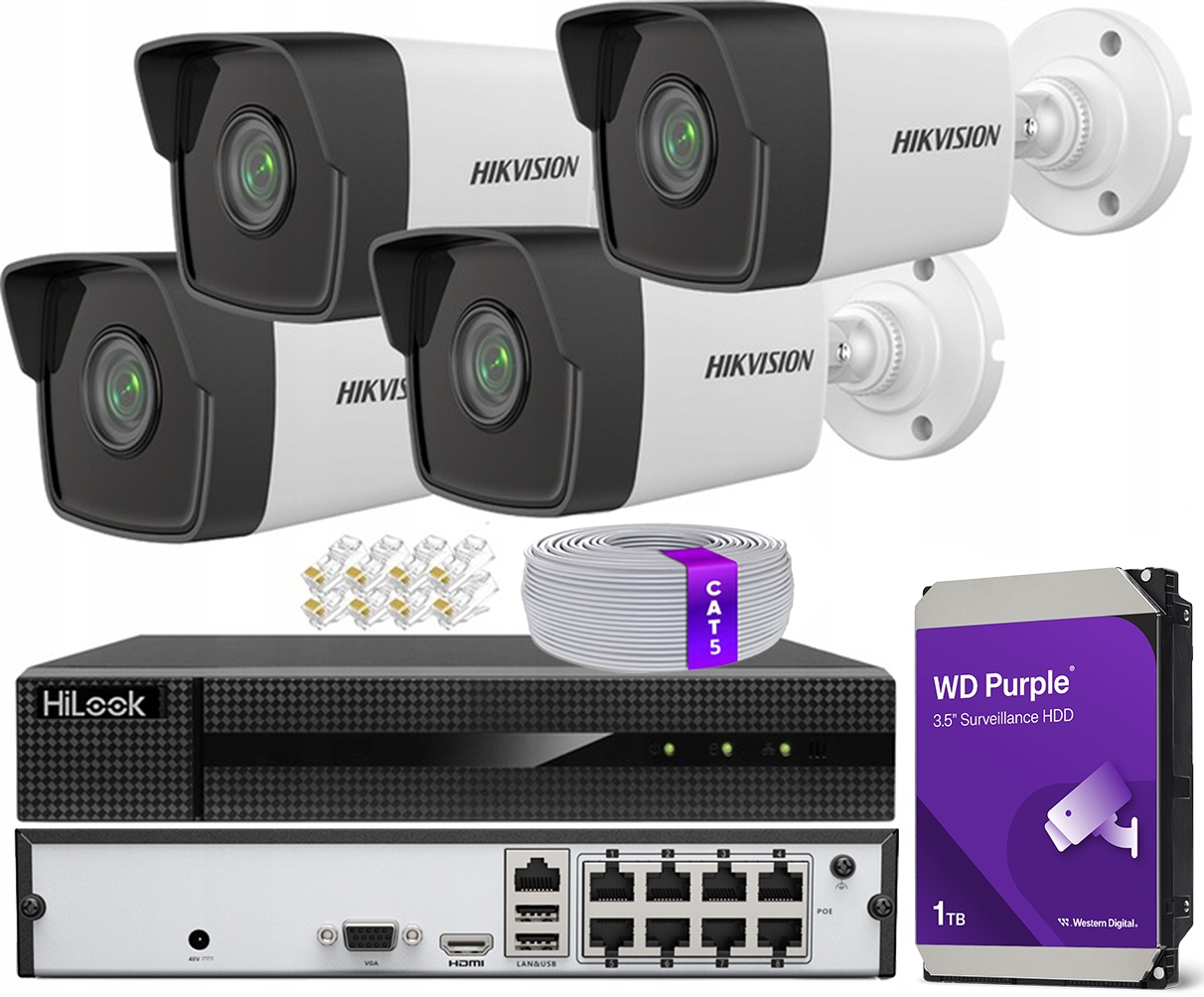 Zestaw Monitoringu Ip 4 Kamery 4Mpx Hikvision Rejestrator 8xPoE Podgląd P2P