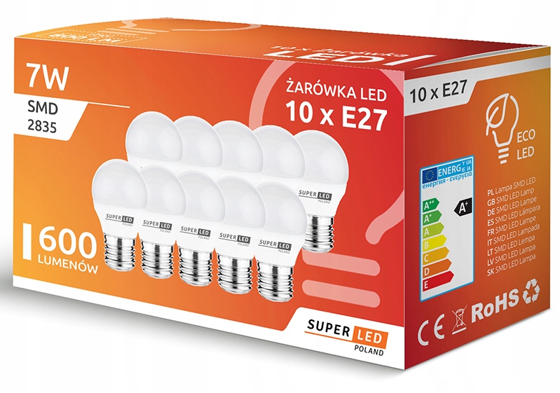 

10x Żarówka Led E27 600lm 7W Niemrugająca G45 kula