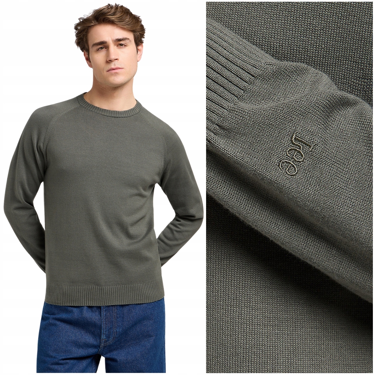 Lee Clean Raglan Sweater Olive Gray pánský přiléhavý bavlněný svetr M