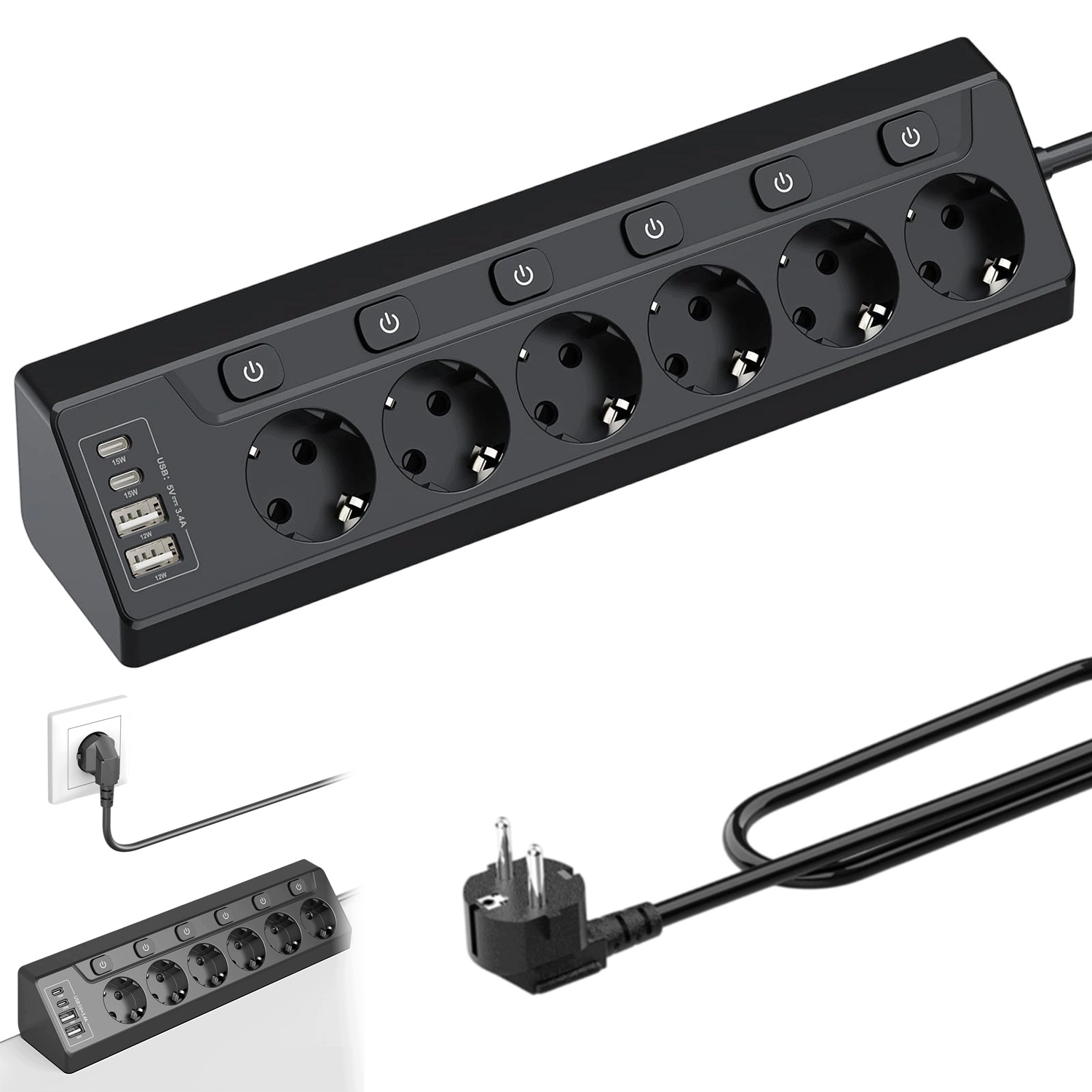 Zásuvka 10 V 1 Se 6 Zásuvkami A 4 Usb Odolnými Měděnými Vodiči 2 M