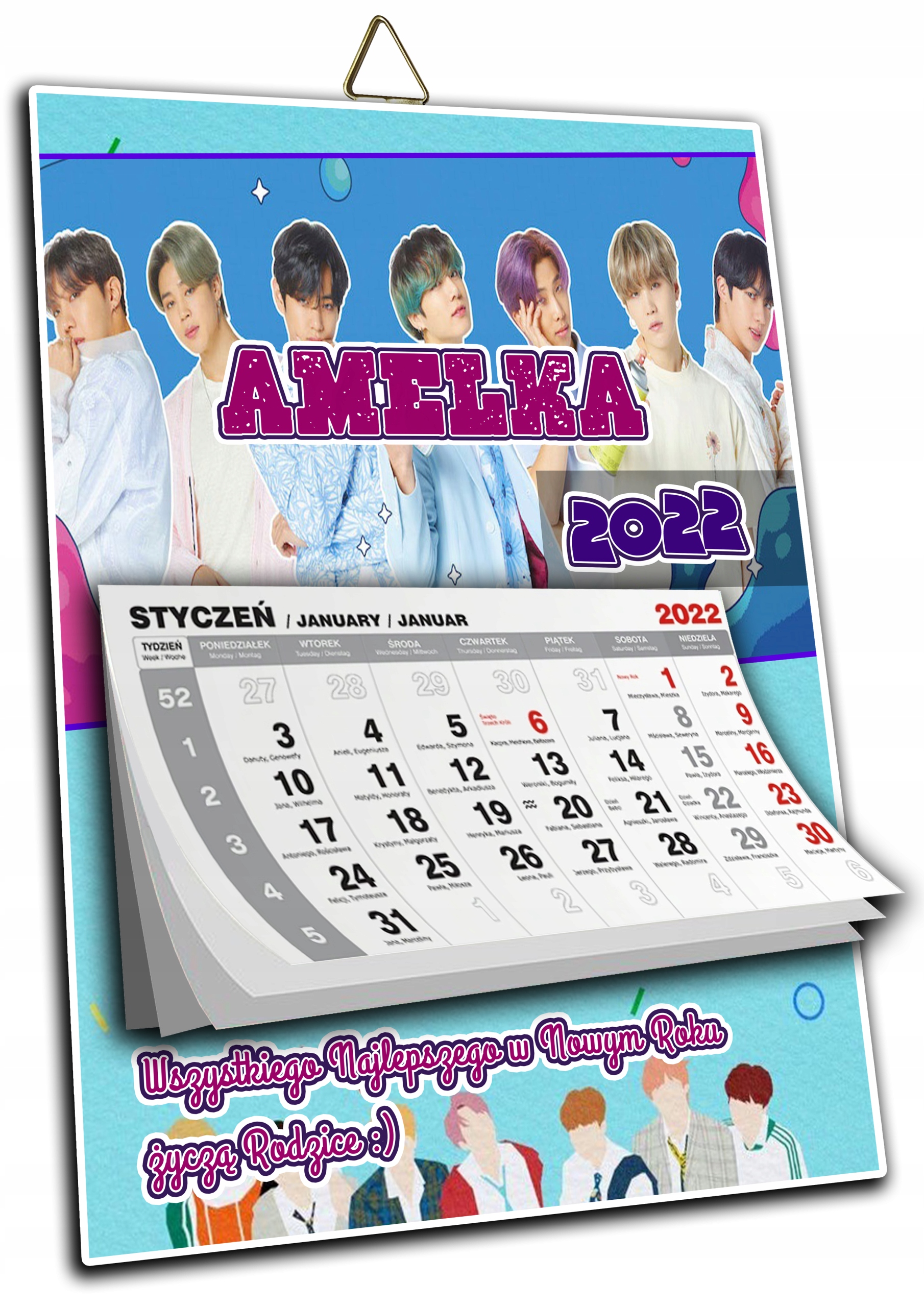 KALENDARZ A4 BTS BOYS BAND TWOJE IMIĘ + ŻYCZENIA !