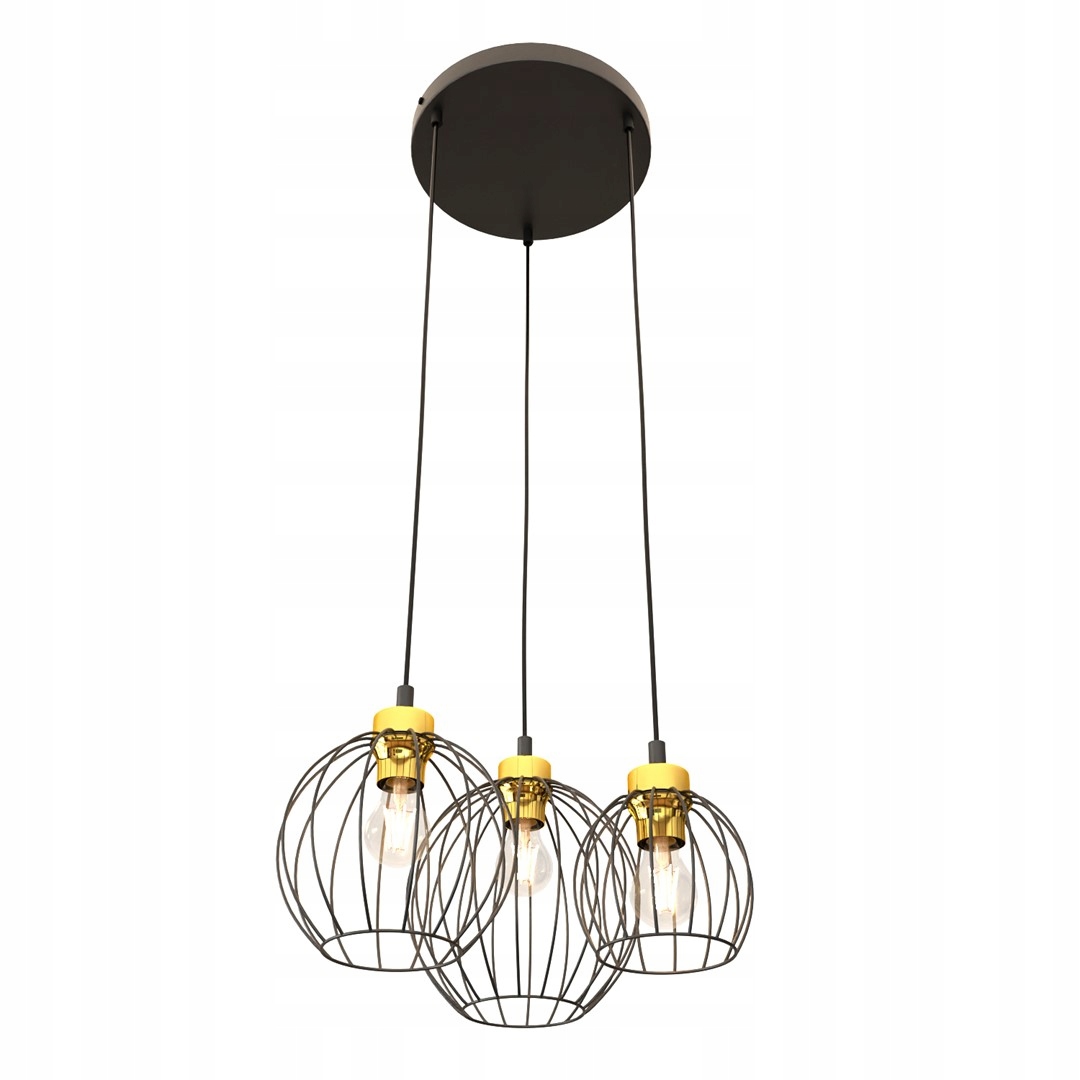 Závěsná loftová lampa kulatá černá zlatá 3 drátěné koule do obývacího pokoje Emibig