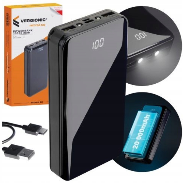 POWERBANK 20000mAh 2,1A ŁADOWARKA USB POWER BANK SZYBKI MOCNY + LATARKA LED