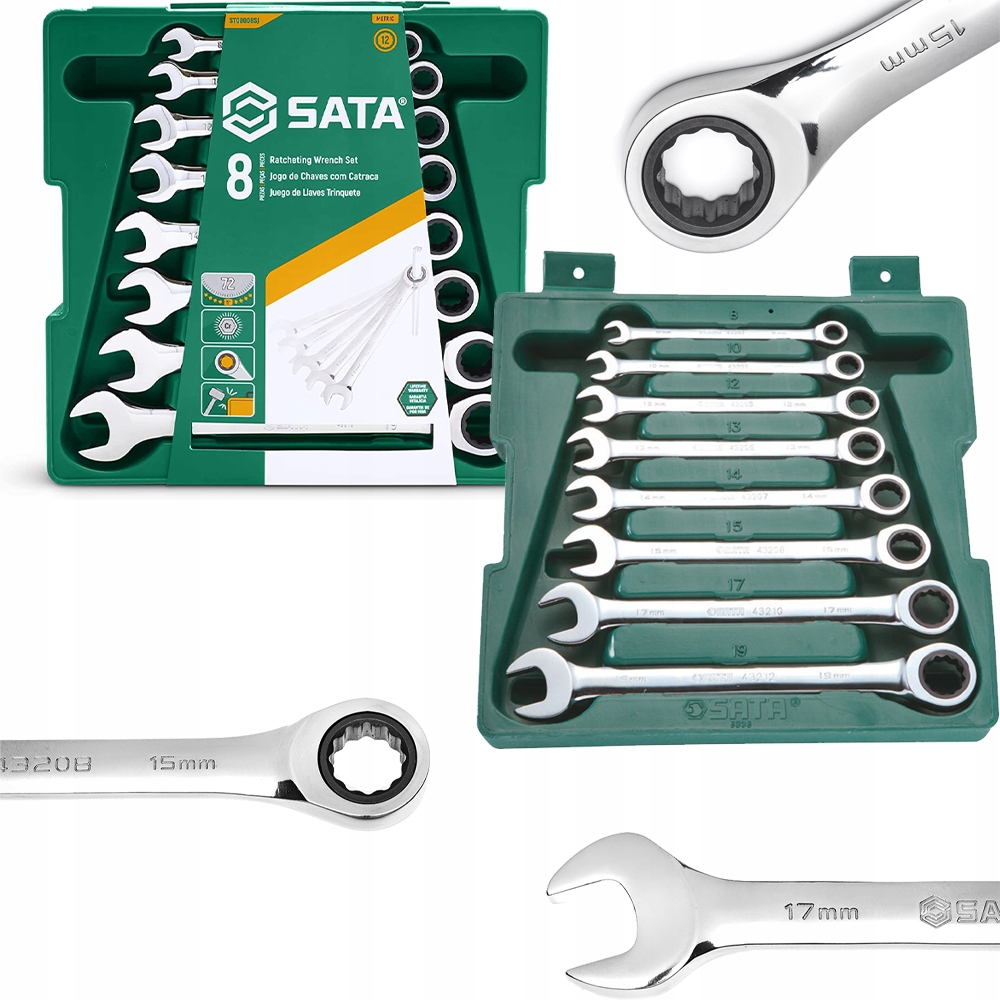 Sata Zestaw kluczy płasko-oczkowych z grzechotką Crv ST08008SJ