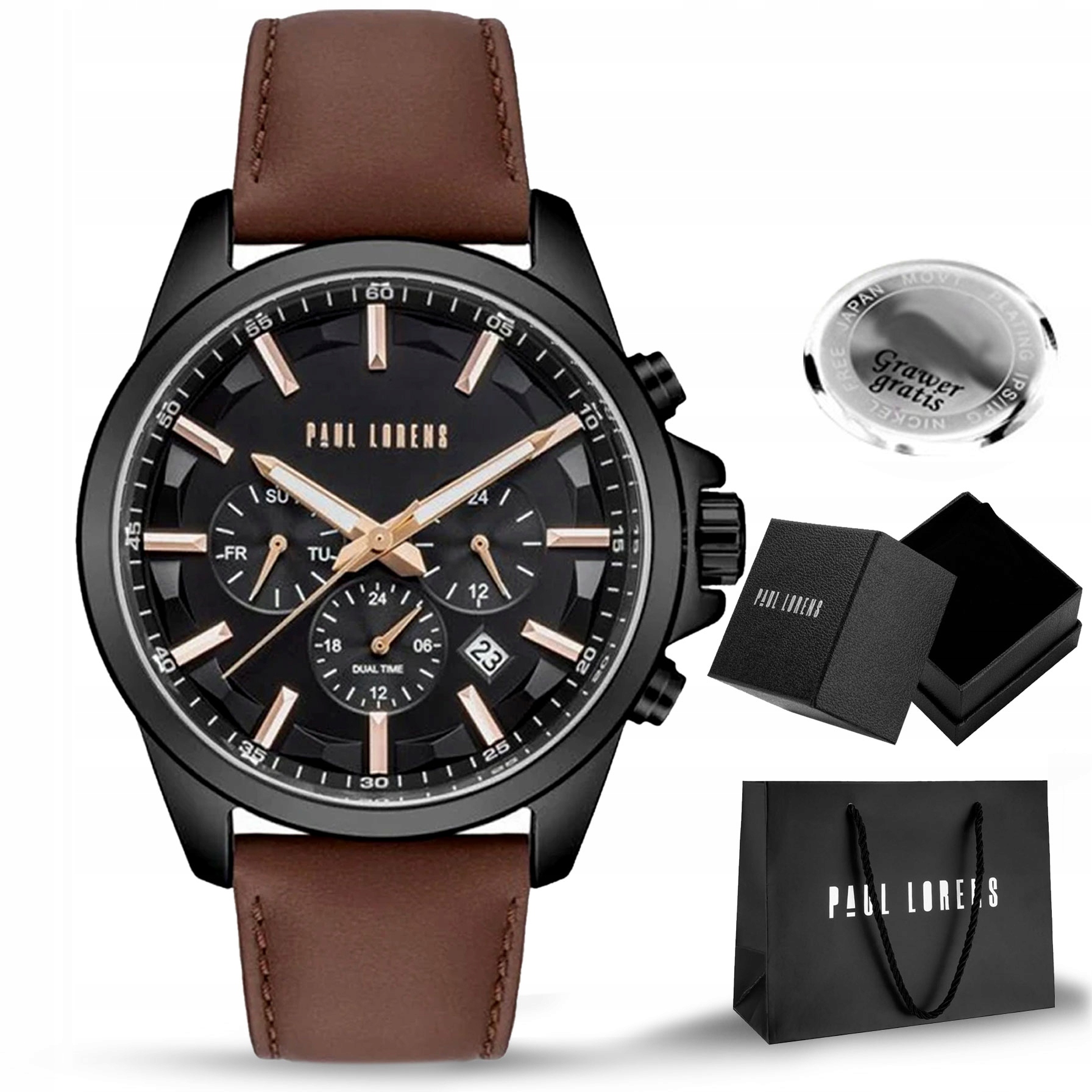 Pánské hodinky Paul Lorens Makalu kožený řemínek hnědý multi-datumovka